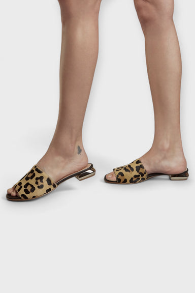 Emily Leopard Print Pony Hair Slide Sandals on Model by Danilo di Lea Italian Women's Shoes