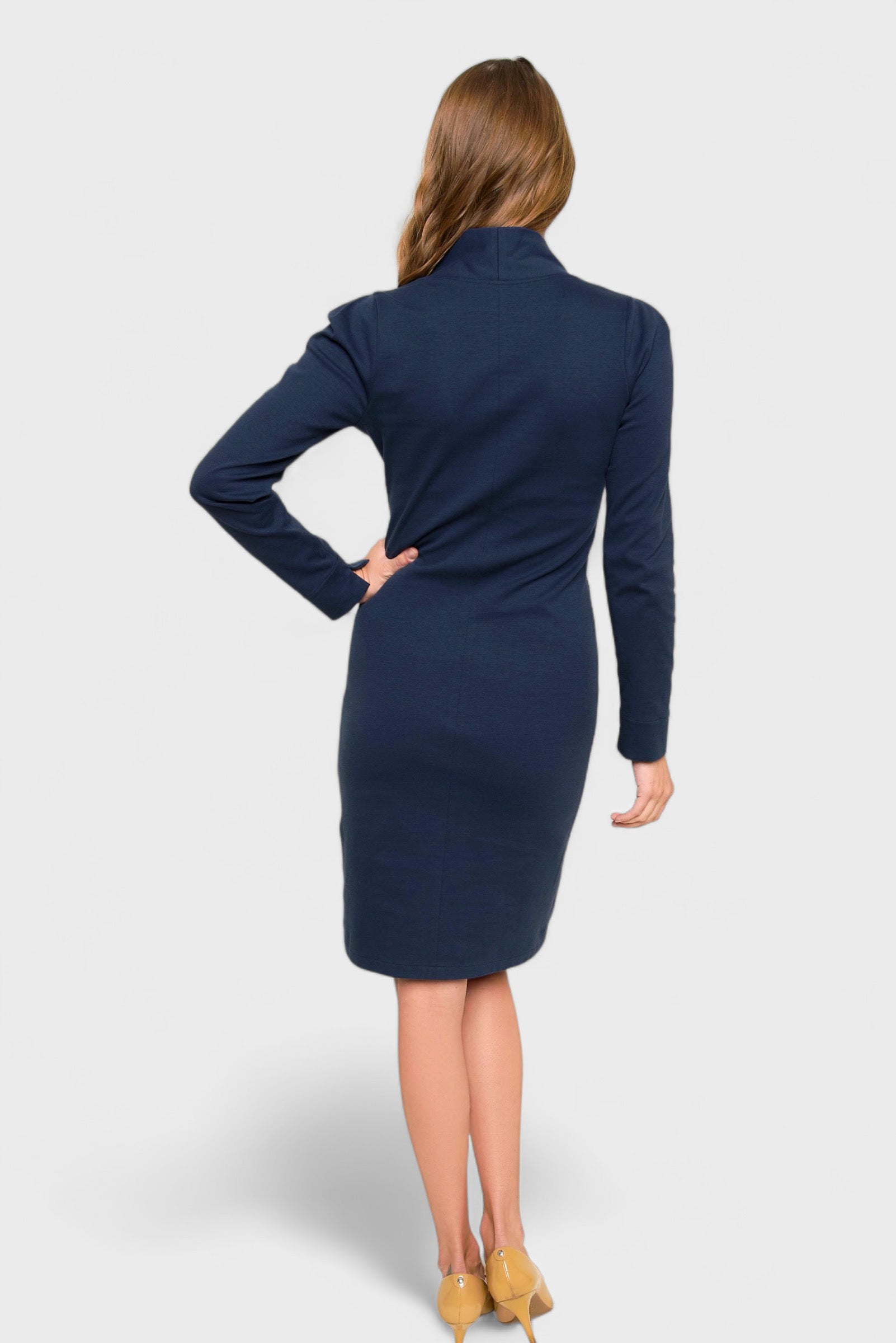 Navy Blue Stretch Organic Cotton Long Sleeve Dress | Italian Dresses L / Navy Navy Blue Stretch Organic Cotton Long Sleeve Dress | Italian Dresses L / Navy