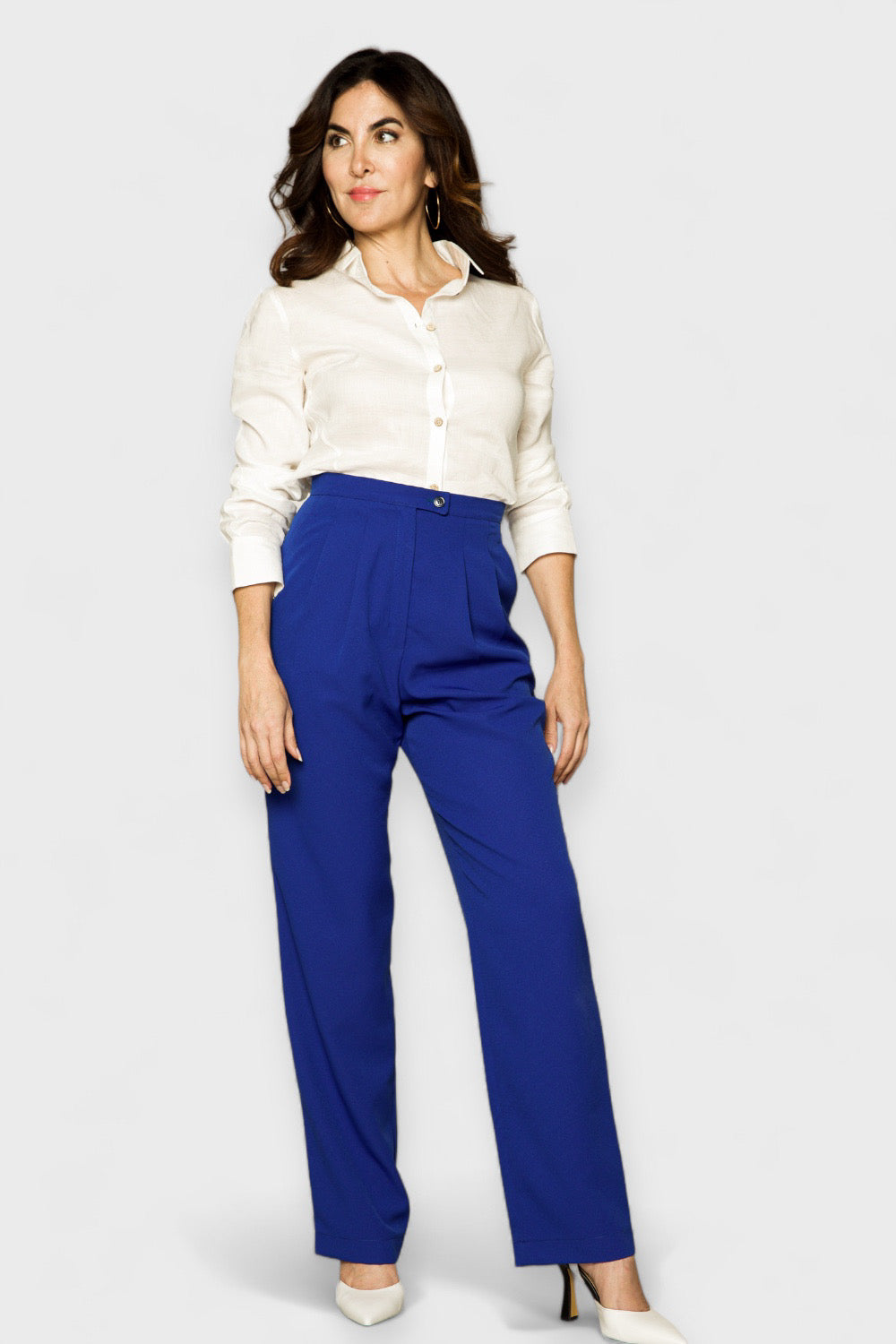 Evelyn Royal Blue Pleated Palazzo Pants  by Sara Sabella Italian Women's Clothing Paired with Bella Off White Shirt
