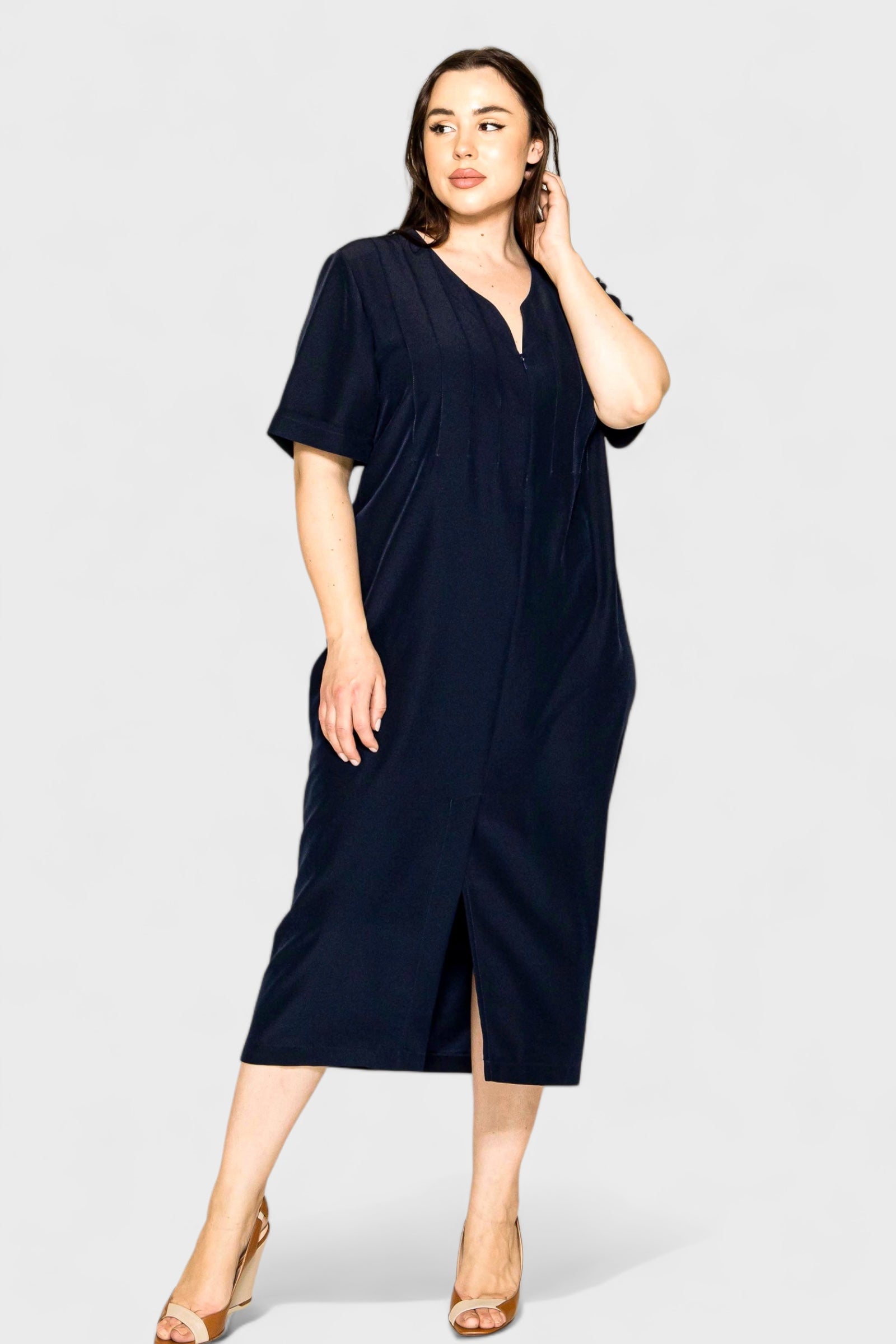 blue midi dress plus size Plus Size 3/4 Sleeve Ruffle Deep V-Neck A-Line Midi Wedding Guest Dress