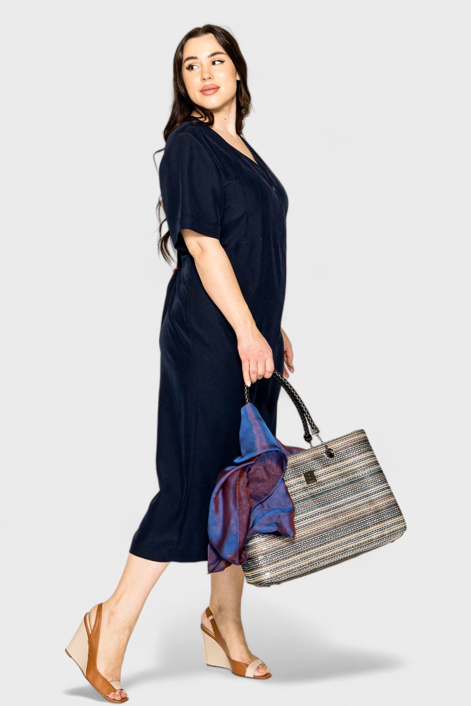 Gabriella Navy Blue Midi Dress Paired with Abree Stripe Tote Bag, Verona Wedge Sandals and Murano Scarf