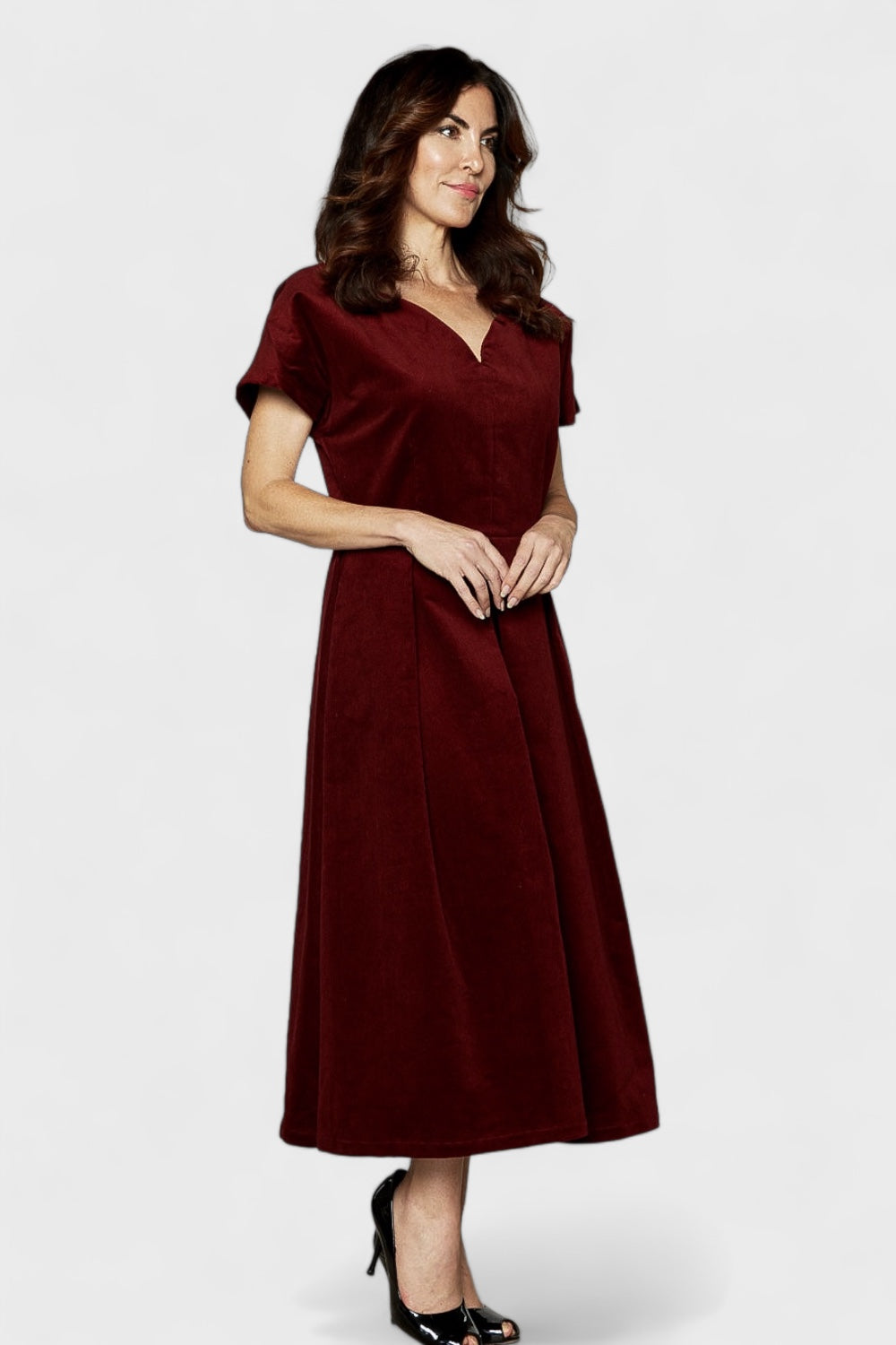 Burgundy Micro Cord Cotton Midi Cocktail Dress| Italian Dresses