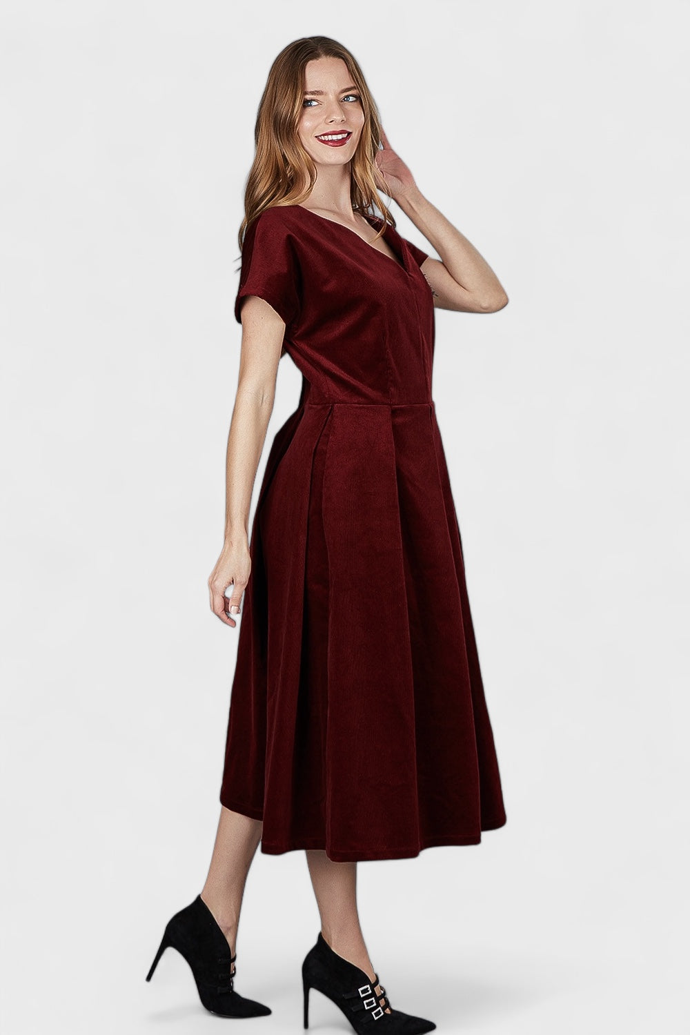 Burgundy Micro Cord Cotton Midi Cocktail Dress| Italian Dresses Medium / Red Burgundy Micro Cord Cotton Midi Cocktail Dress| Italian Dresses Medium / Red