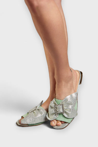 Kaila Green Suede Slide Sandal on Model by Danilo di Lea Italian Women's Shoes