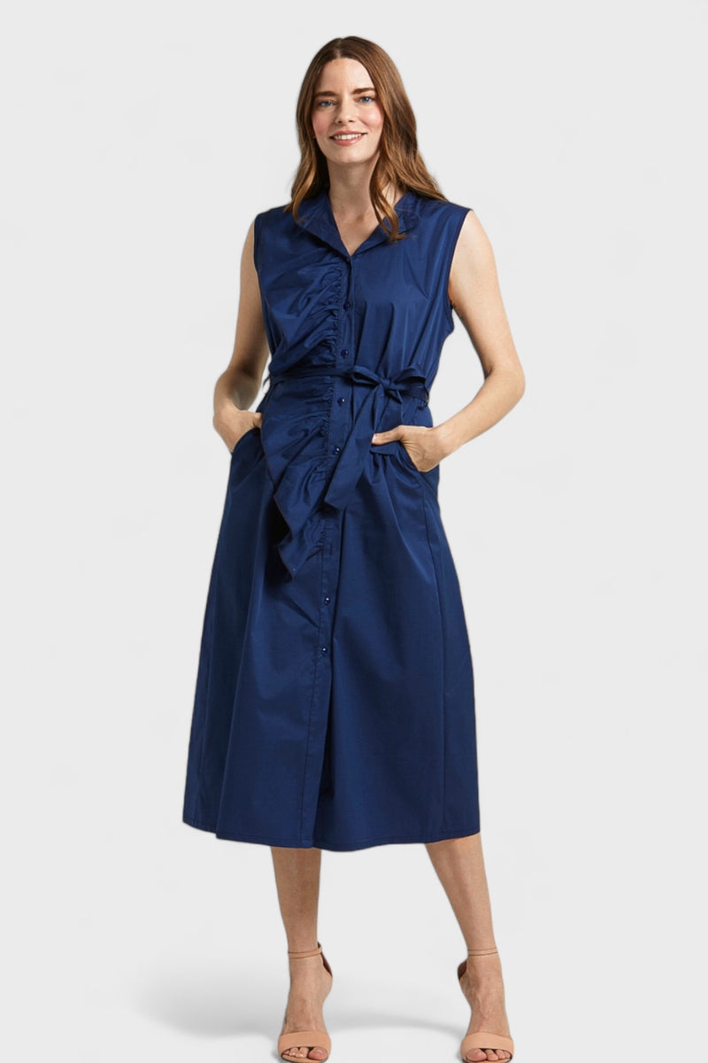 Lauren Navy Blue Ruffled Shirt Dress in Cotton | Italian Dresses Small Lauren Navy Blue Ruffled Shirt Dress in Cotton | Italian Dresses Small