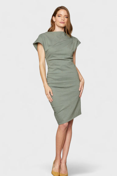 Leora Olive Boatneck Asymmetric Hem Sheath Dress