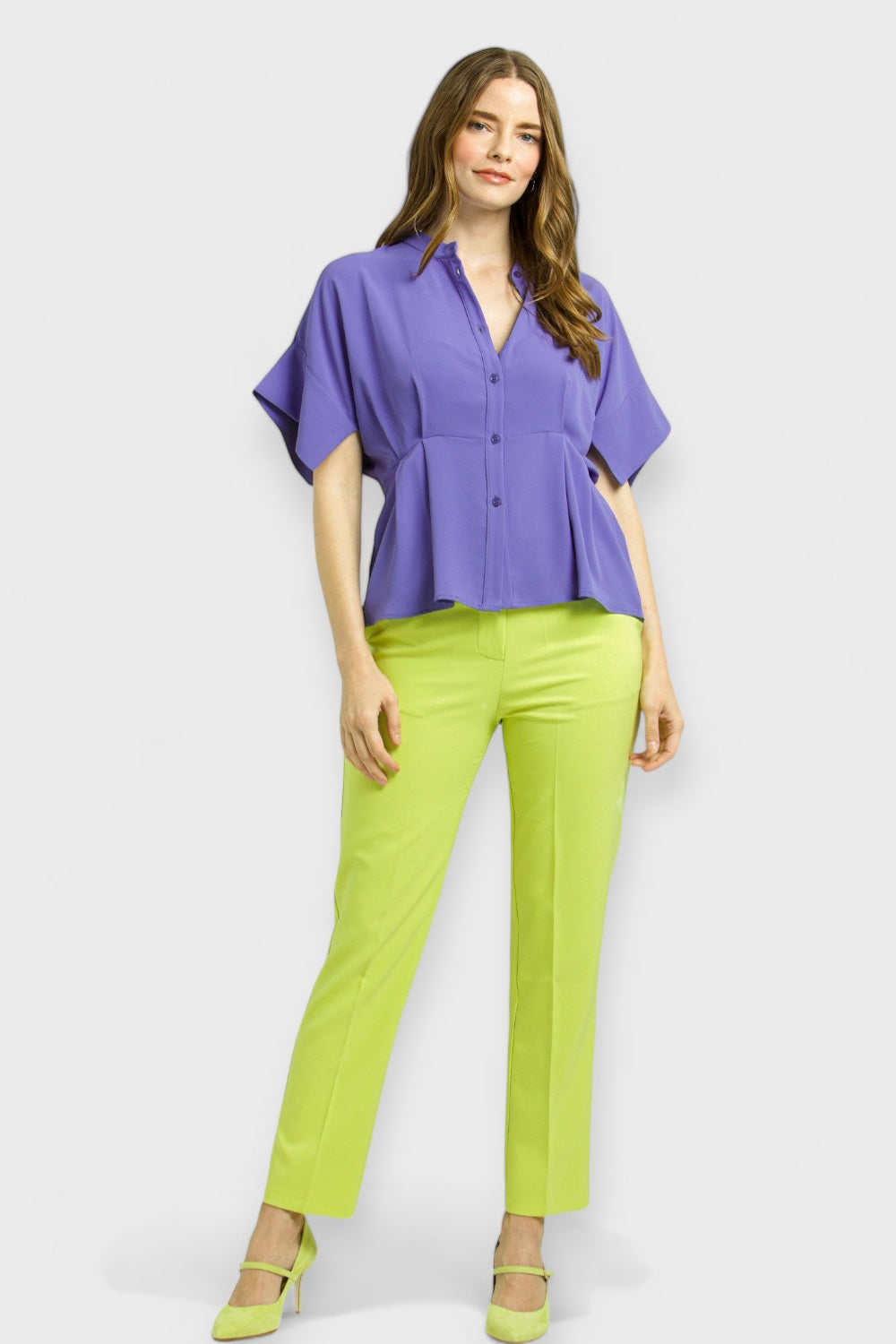 Lilac Short Sleeves Peplum Blouse Top by Enhle Italian Women's Clothing Paired with Victoria Lime Green Pants