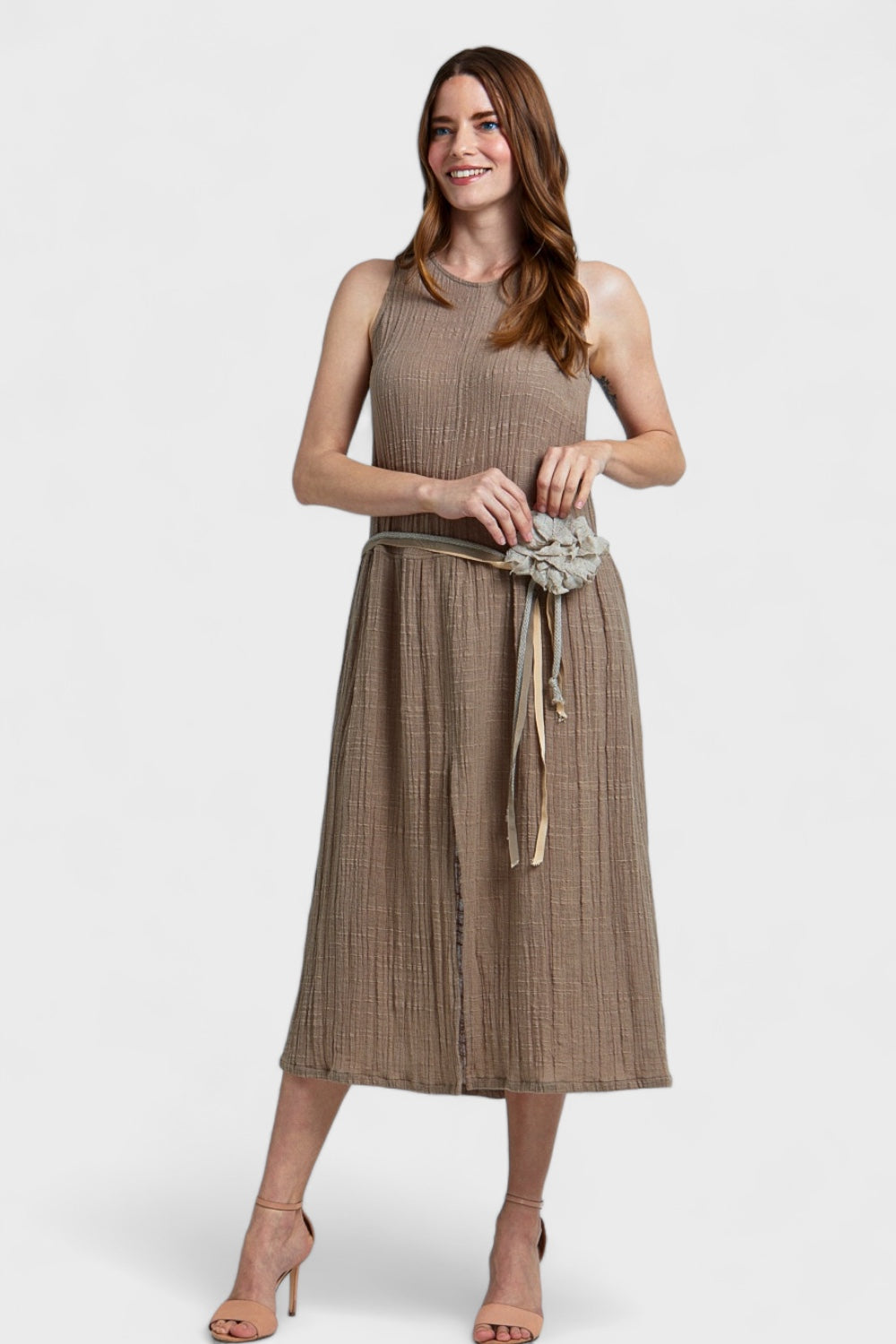Taupe Linen Midi Dress With Charming Brooch| Italian Dresses 44/ M / Taupe Taupe Linen Midi Dress With Charming Brooch| Italian Dresses 44/ M / Taupe