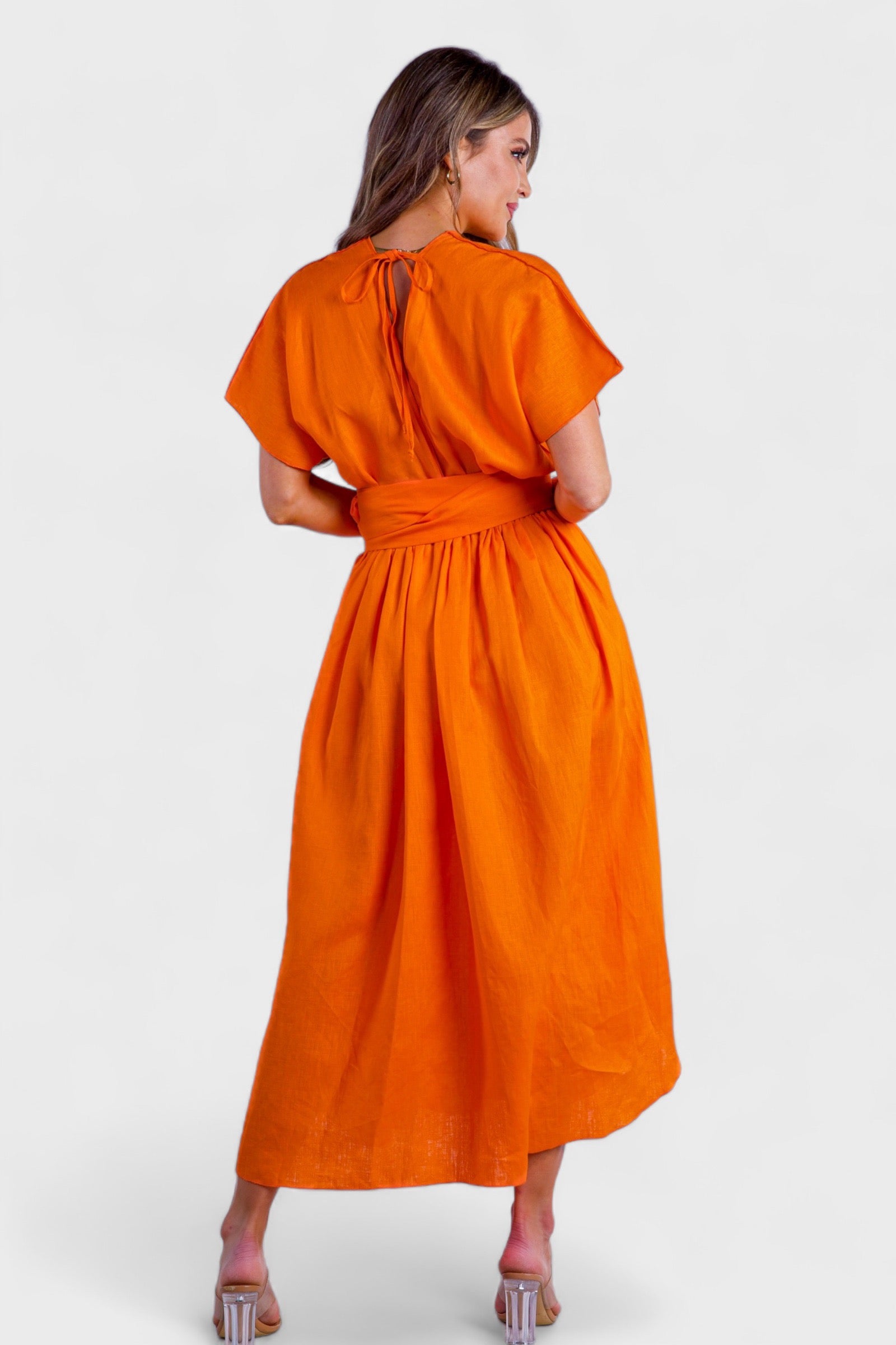 Vibrant Orange Linen Belted Maxi Summer Dress | Italian Dresses 44/ US 8 / Orange Vibrant Orange Linen Belted Maxi Summer Dress | Italian Dresses 44/ US 8 / Orange