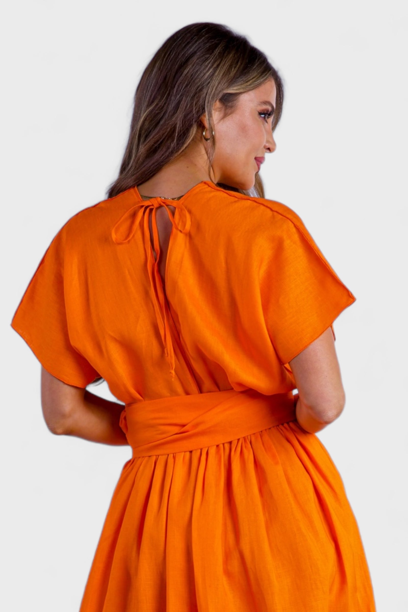 Marianna Orange Linen Belted Maxi Dress Back Closeup  by Sara Sabella Italian Women's Fashion