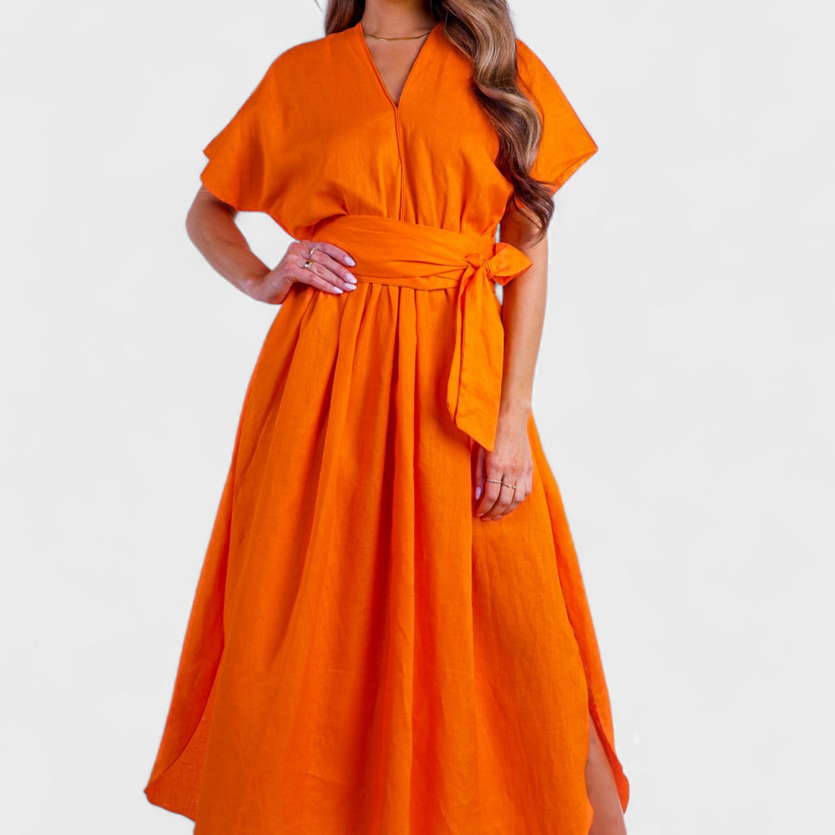 Vibrant Orange Linen Belted Maxi Summer Dress | Italian Dresses 44/ US 8 / Orange