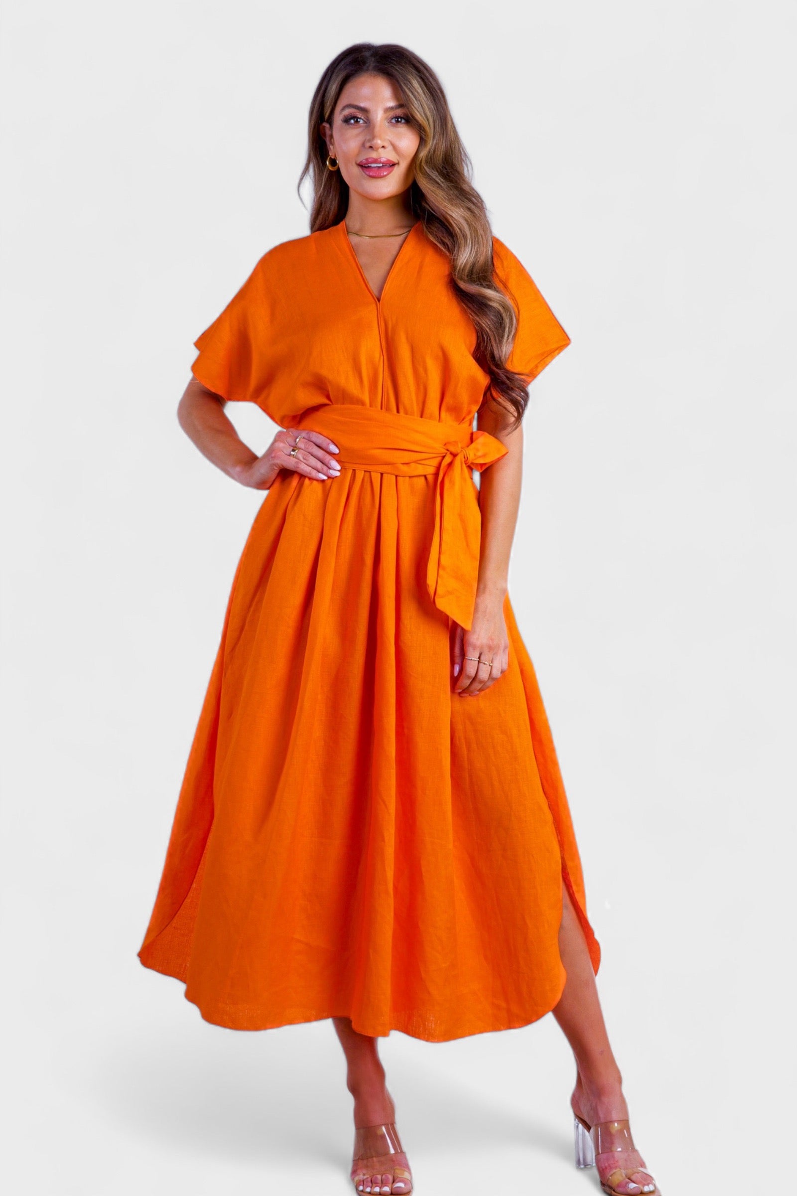 Vibrant Orange Linen Belted Maxi Summer Dress | Italian Dresses 44/ US 8 / Orange Vibrant Orange Linen Belted Maxi Summer Dress | Italian Dresses 44/ US 8 / Orange