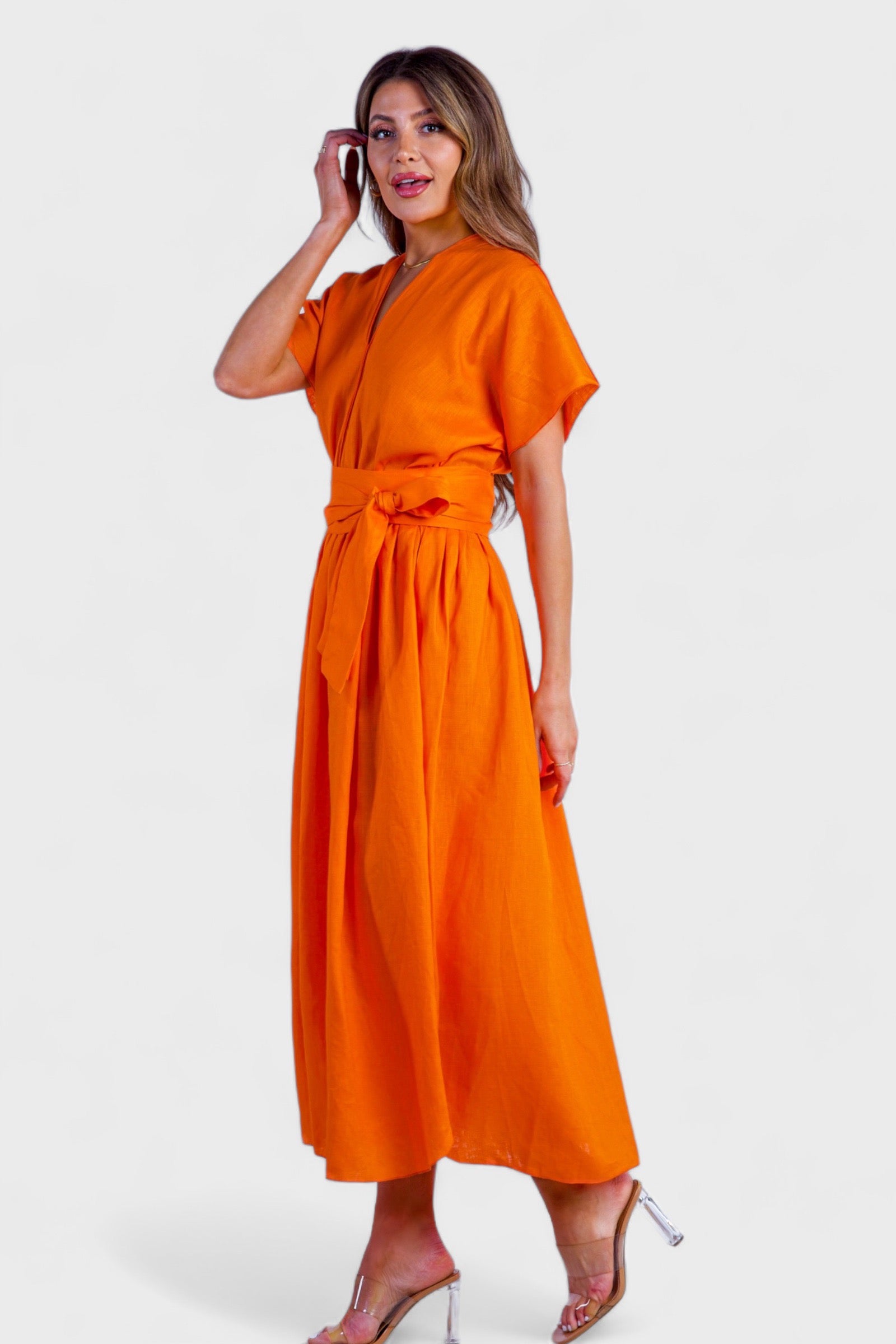 Vibrant Orange Linen Belted Maxi Summer Dress | Italian Dresses 44/ US 8 / Orange Vibrant Orange Linen Belted Maxi Summer Dress | Italian Dresses 44/ US 8 / Orange