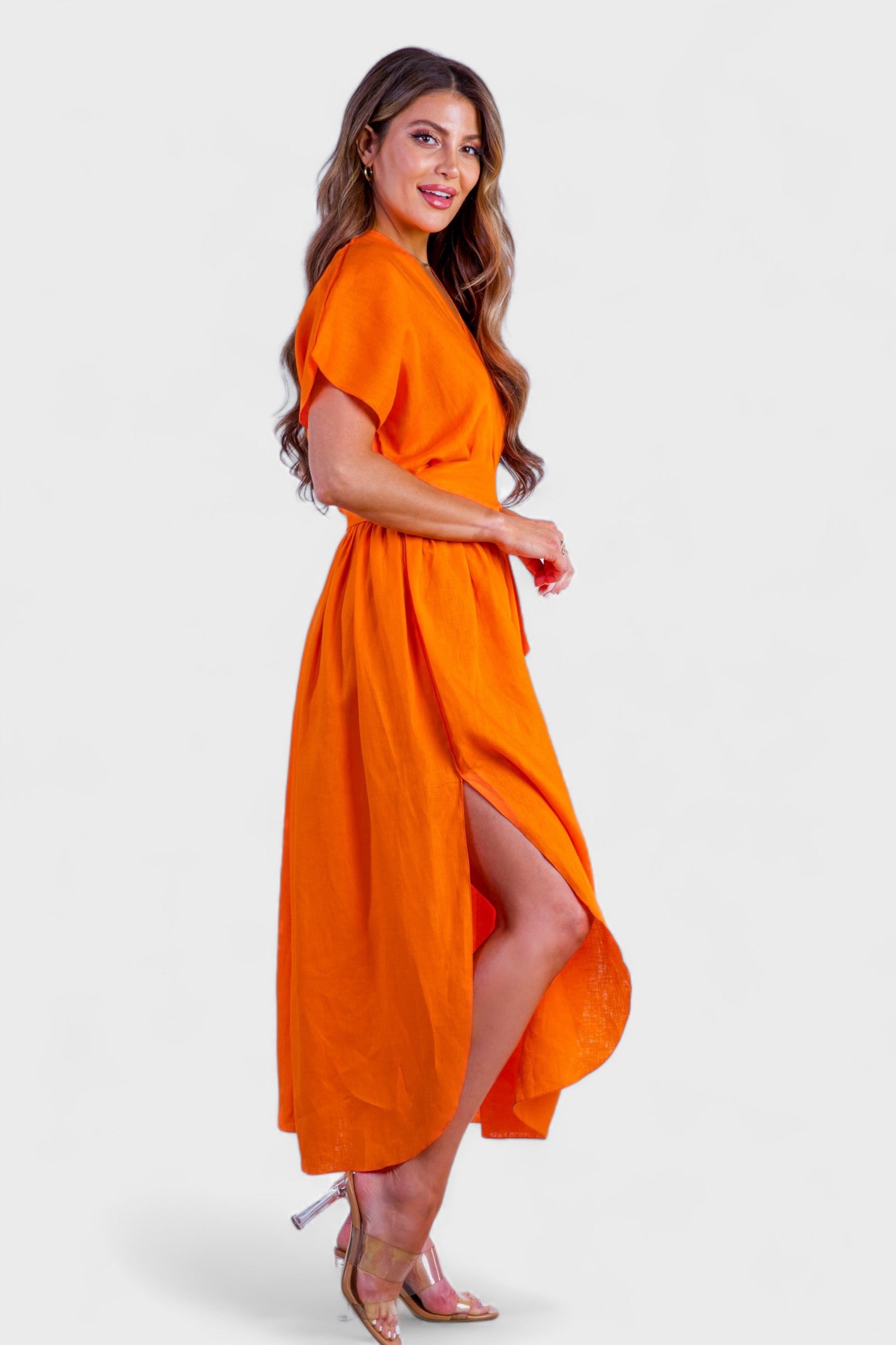 Vibrant Orange Linen Belted Maxi Summer Dress | Italian Dresses 44/ US 8 / Orange Vibrant Orange Linen Belted Maxi Summer Dress | Italian Dresses 44/ US 8 / Orange