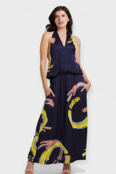 Navy Blue Halter Maxi Dress in a Beautiful Pattern