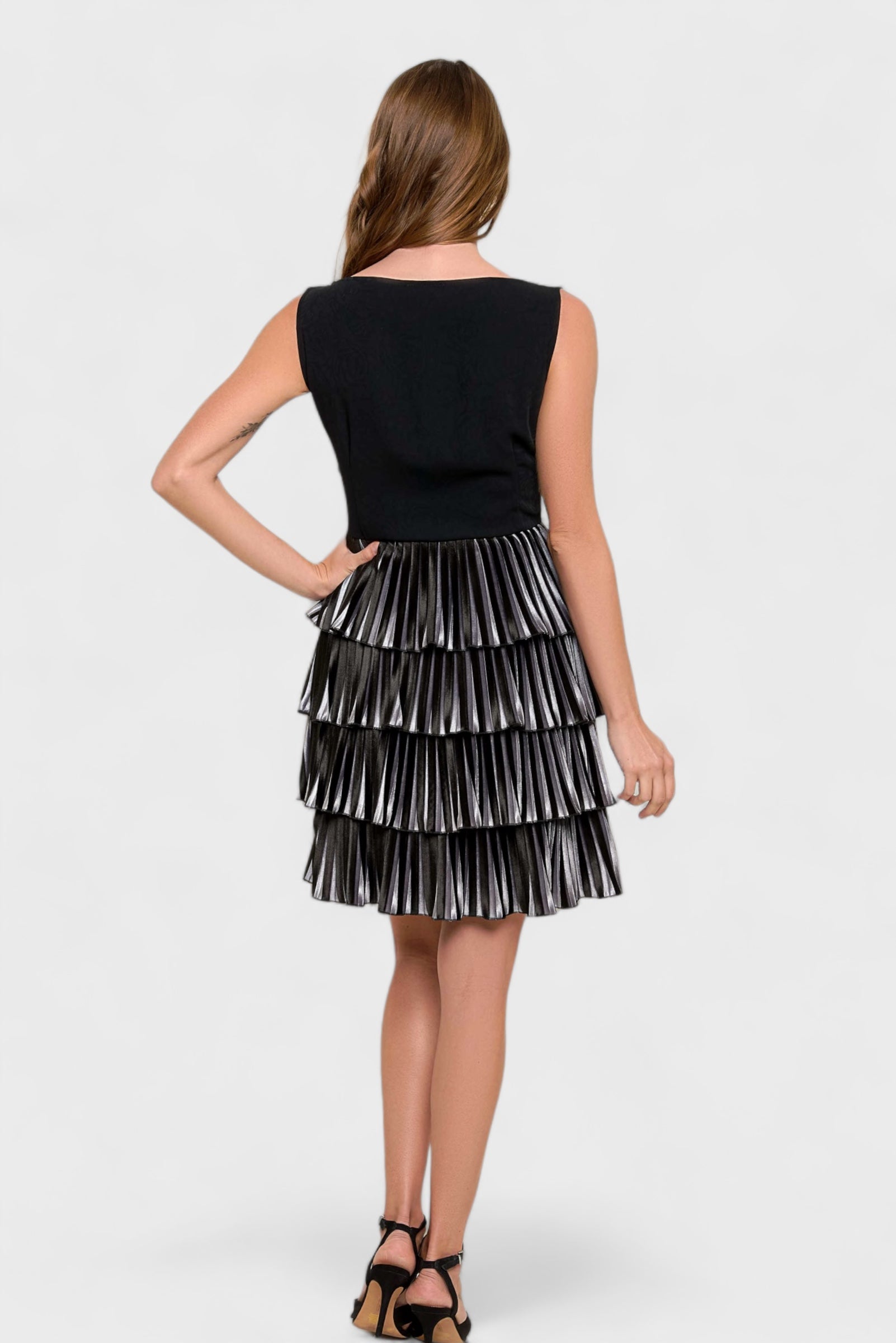 Black-Silver Velvet Accordion Pleated Tiered Dress | Italian Clothing 40/ S / Black Black-Silver Velvet Accordion Pleated Tiered Dress | Italian Clothing 40/ S / Black