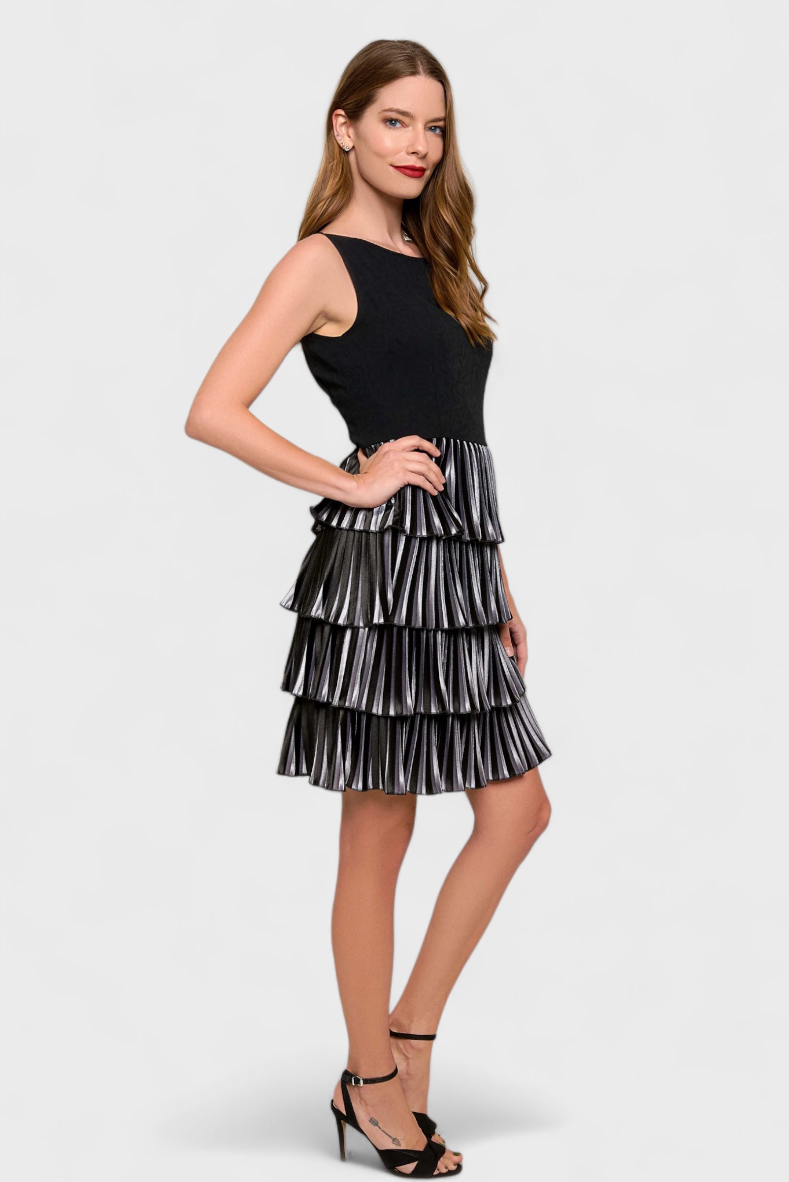 Black-Silver Velvet Accordion Pleated Tiered Dress | Italian Clothing 40/ S / Black Black-Silver Velvet Accordion Pleated Tiered Dress | Italian Clothing 40/ S / Black