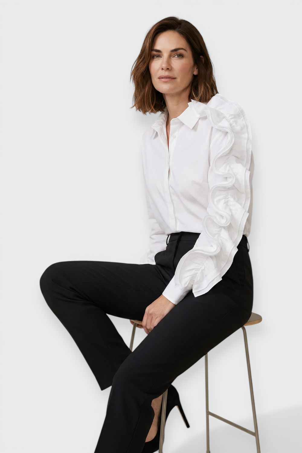 Matilde White Button Up Shirt Blouse Front view with Model sitting by Souvenir Italian Women's Clothing