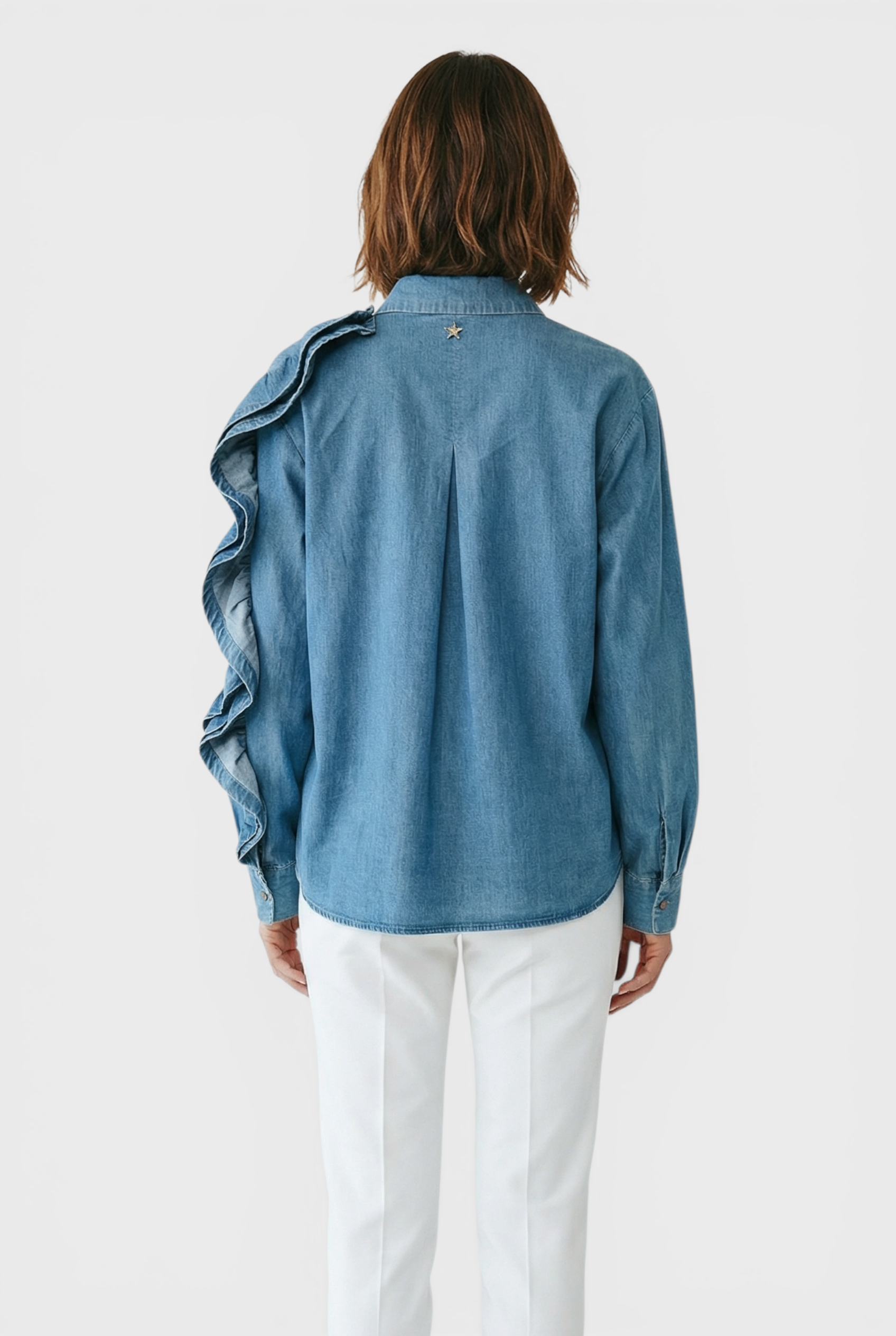 Matilde Blue Denim Button Up Shirt Blouse Back view by Souvenir Italian Women's Clothing