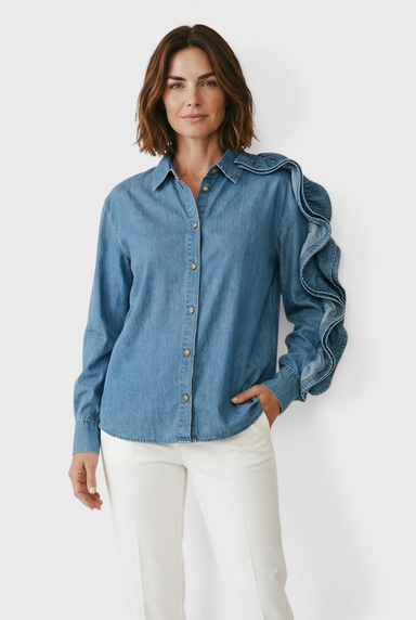 Matilde Blue Denim Button Up Shirt Blouse Front view by Souvenir Italian Women's Clothing