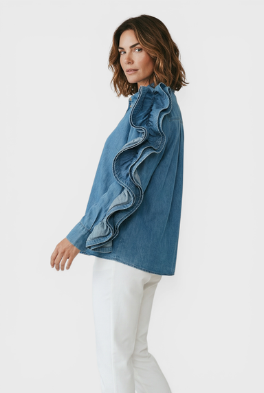 Matilde Blue Denim Button Up Shirt Blouse Side view by Souvenir Italian Women's Clothing