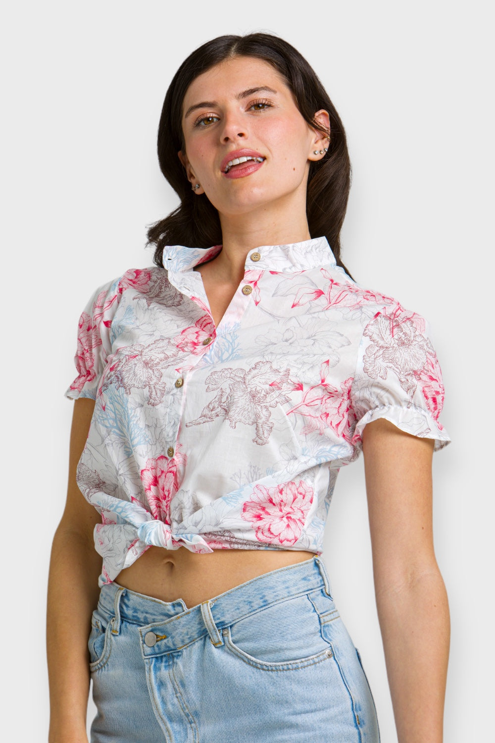 Mia White Floral Puff Sleeve Button Up Cotton Shirt by Marise.Eco.Couture Italian Women's Clothing