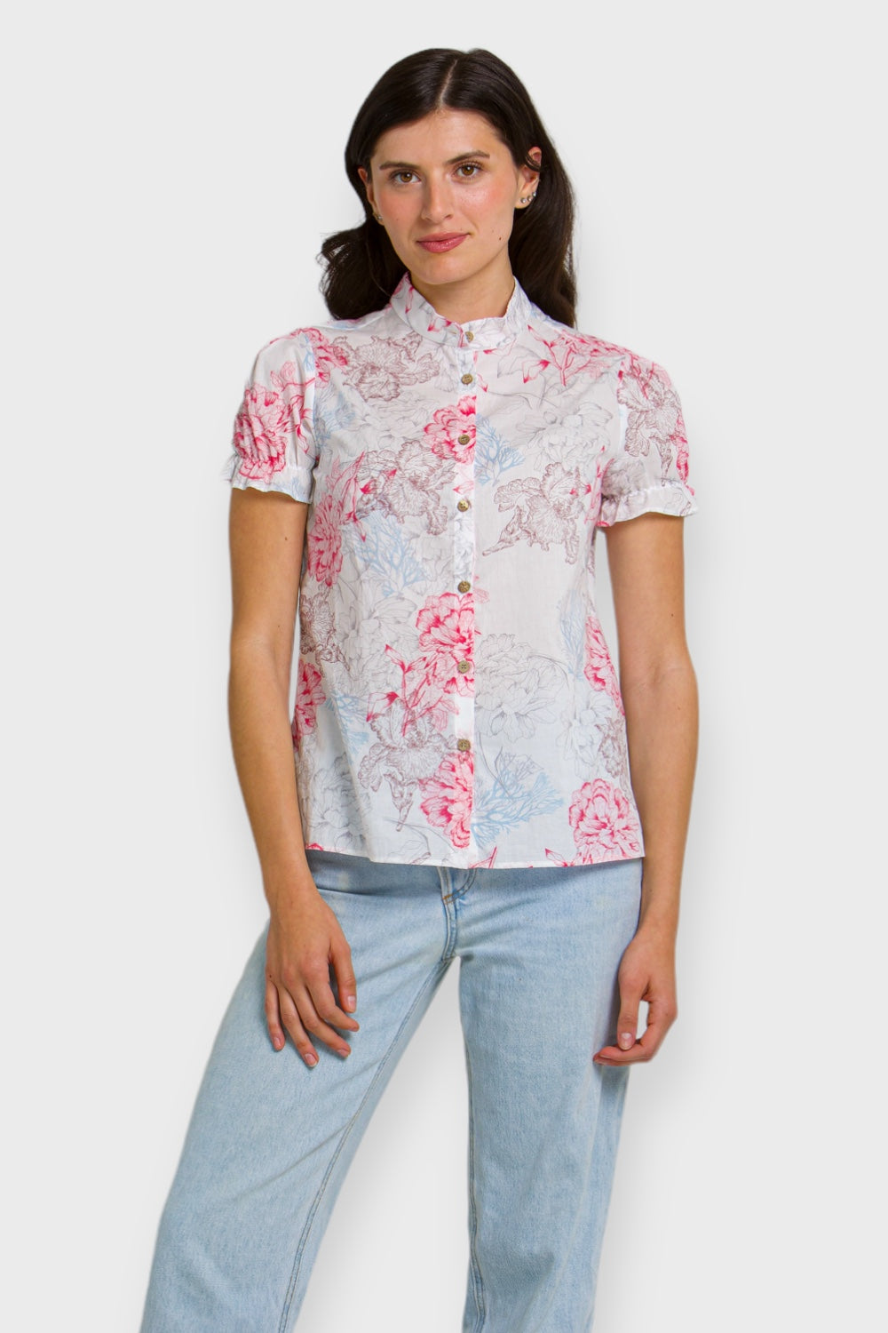 Mia White Floral Puff Sleeve Button Up Cotton Shirt by Marise.Eco.Couture Italian Women's Clothing