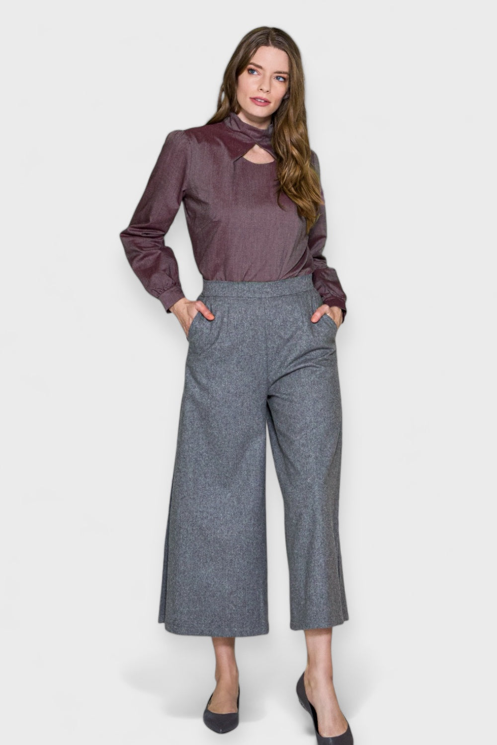 Milan Gray Organic Wool Wide-Leg Pants by Marise.Eco.Couture Italian Women's Clothing Paired with Mona Blouse