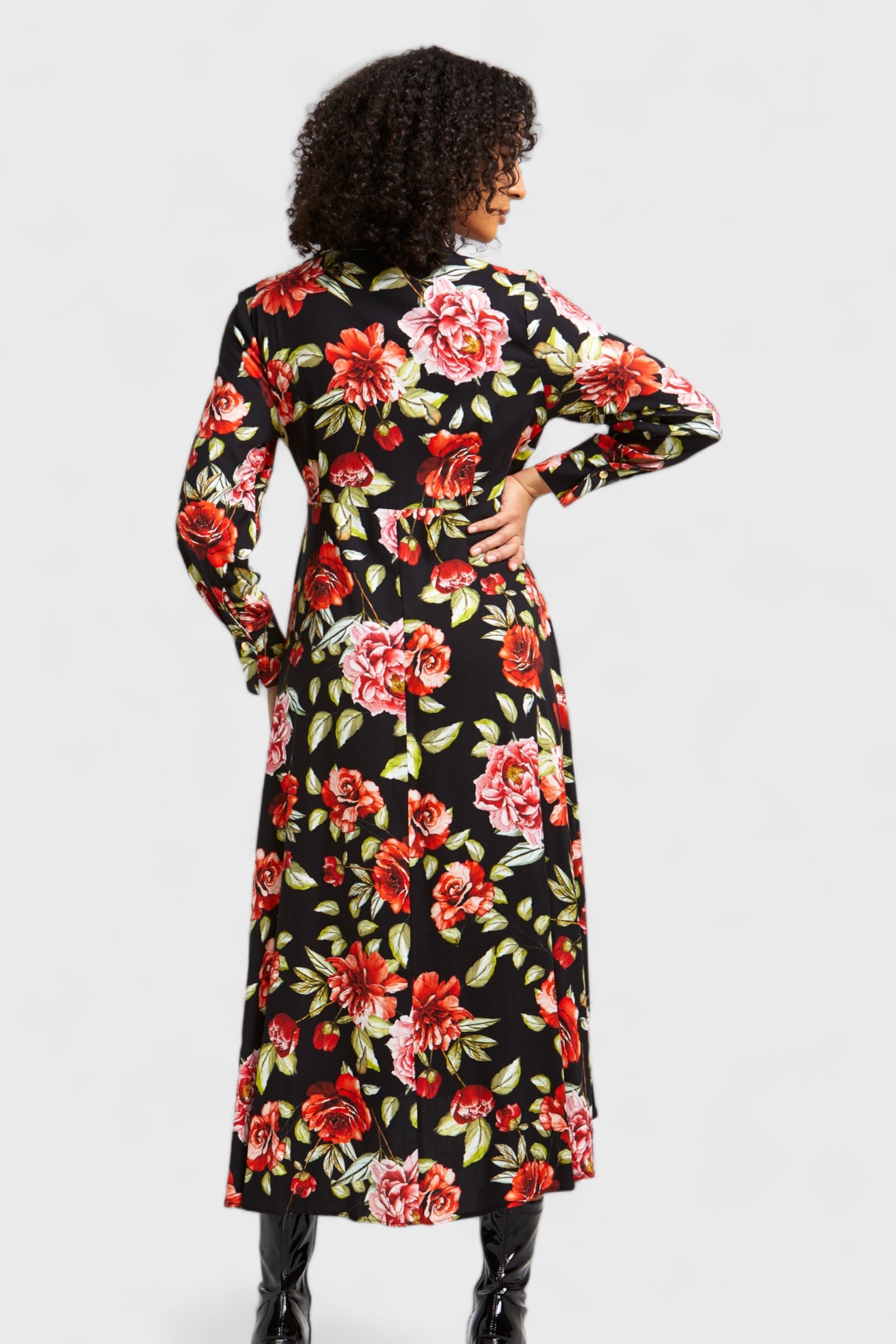 Black Floral Wrap Dress with Half-Wheel Line Design | Italian Dresses 46/ L Black Floral Wrap Dress with Half-Wheel Line Design | Italian Dresses 46/ L