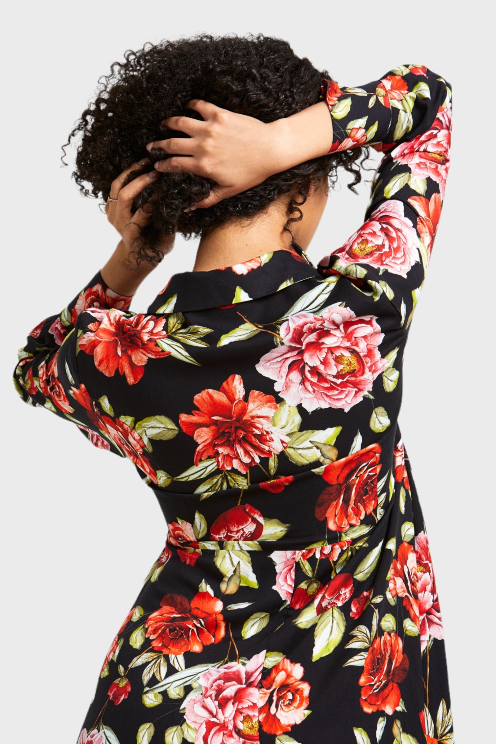 Black Floral Wrap Dress with Half-Wheel Line Design | Italian Dresses 46/ L Black Floral Wrap Dress with Half-Wheel Line Design | Italian Dresses 46/ L