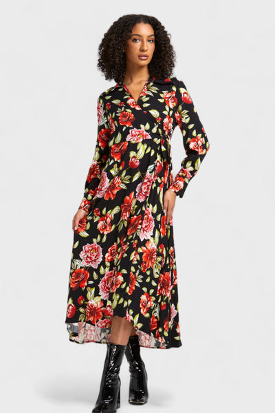 blue dress for baby girl Black Floral Wrap Dress with Half-Wheel Line Design