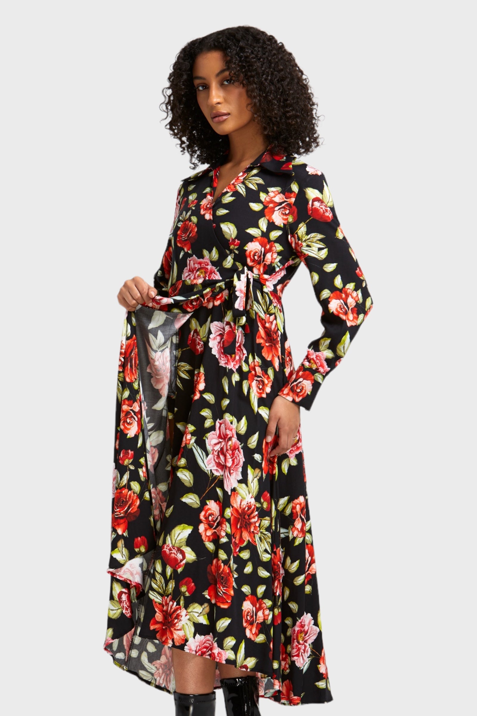 Black Floral Wrap Dress with Half-Wheel Line Design | Italian Dresses 46/ L Black Floral Wrap Dress with Half-Wheel Line Design | Italian Dresses 46/ L