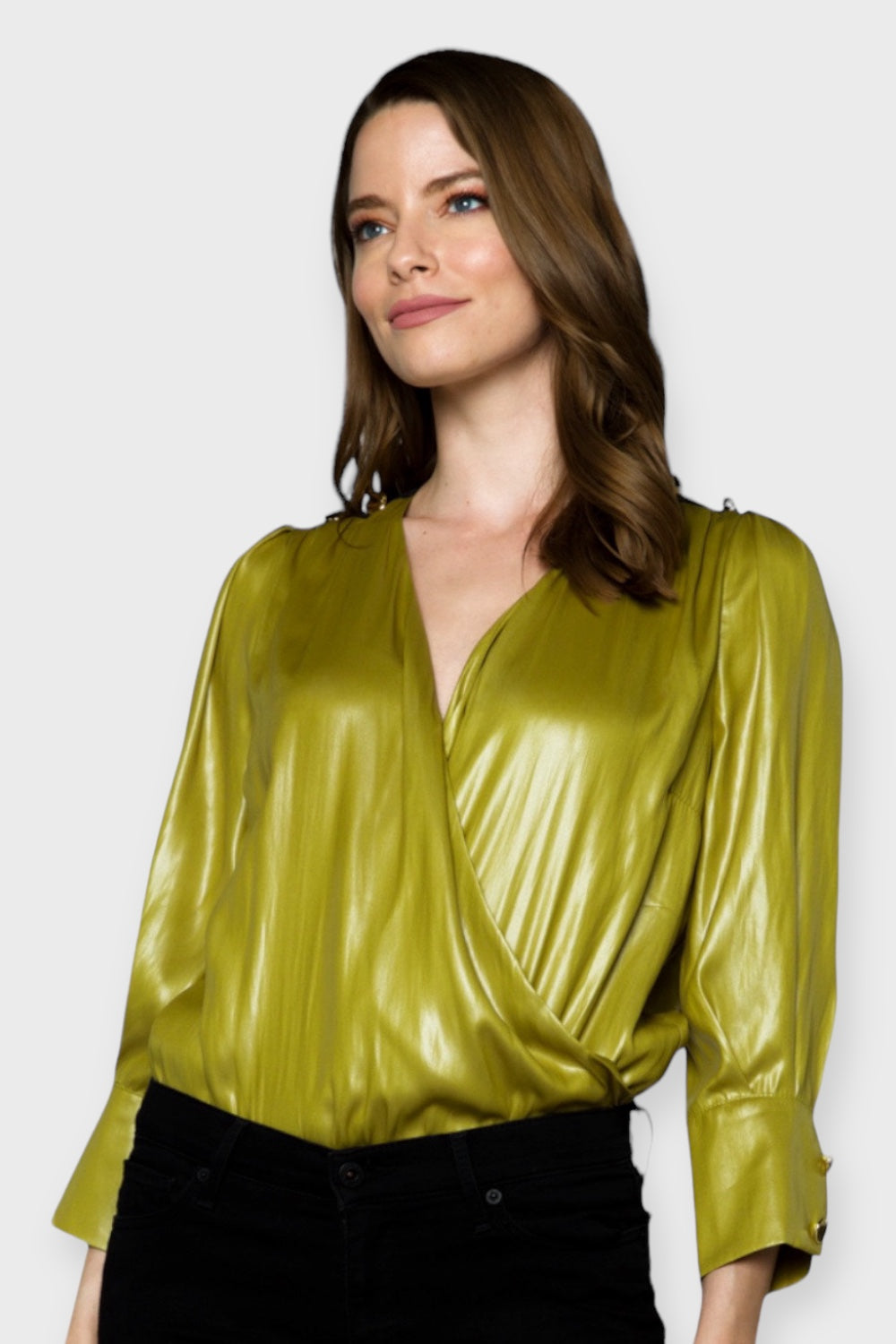 Nicia Green and Gold Wrap Blouse Bodysuit by AnnaCristy Milano Italian Women's Clothing