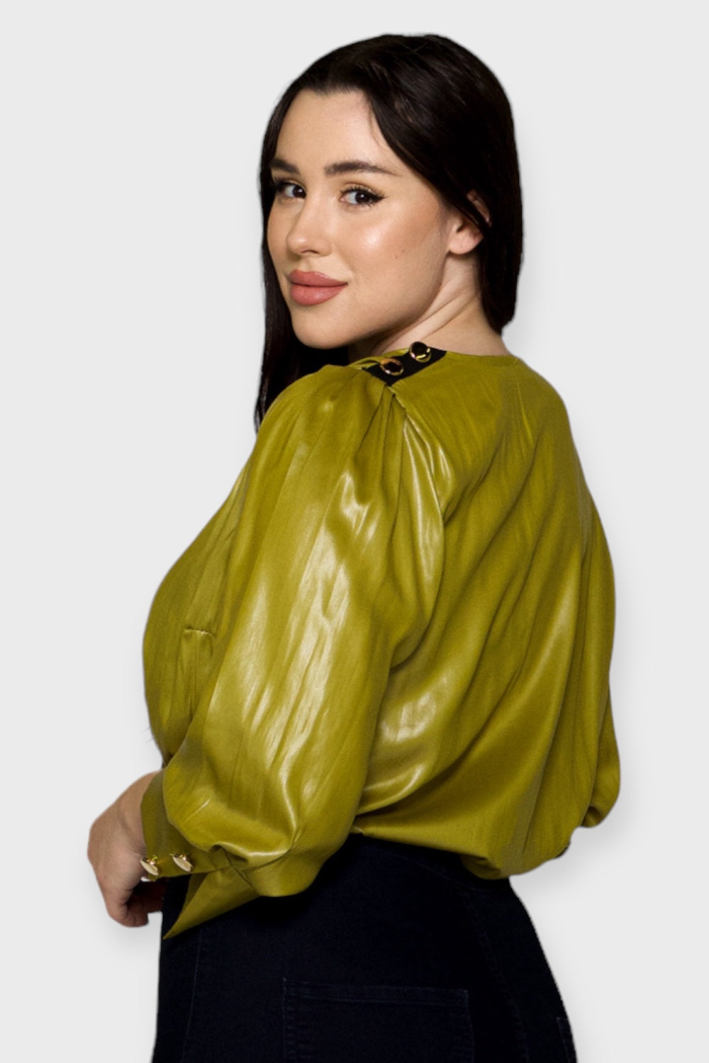 Plus Size Nicia Green and Gold Wrap Blouse Bodysuit by AnnaCristy Milano Italian Women's Clothing