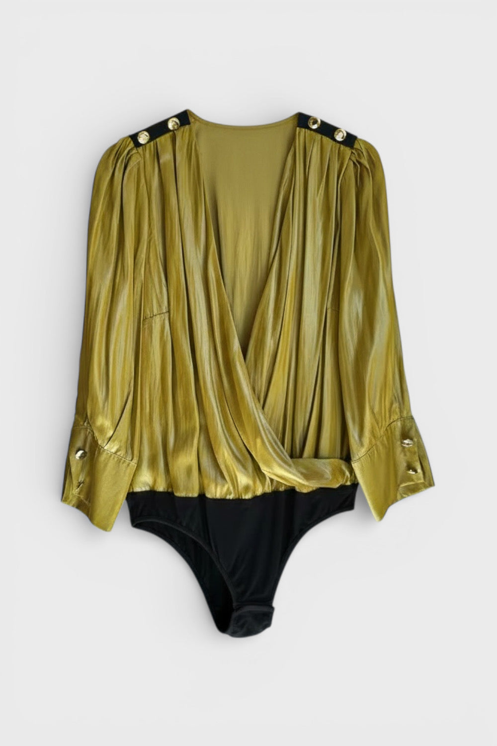 Plus Size Nicia Green and Gold Wrap Blouse Bodysuit Closure Front by AnnaCristy Milano Italian Women's Clothing