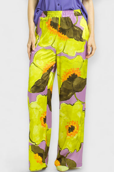 Orchid Floral Print Satin Palazzo Pants Trousers by Enhle Italian Women's Clothing