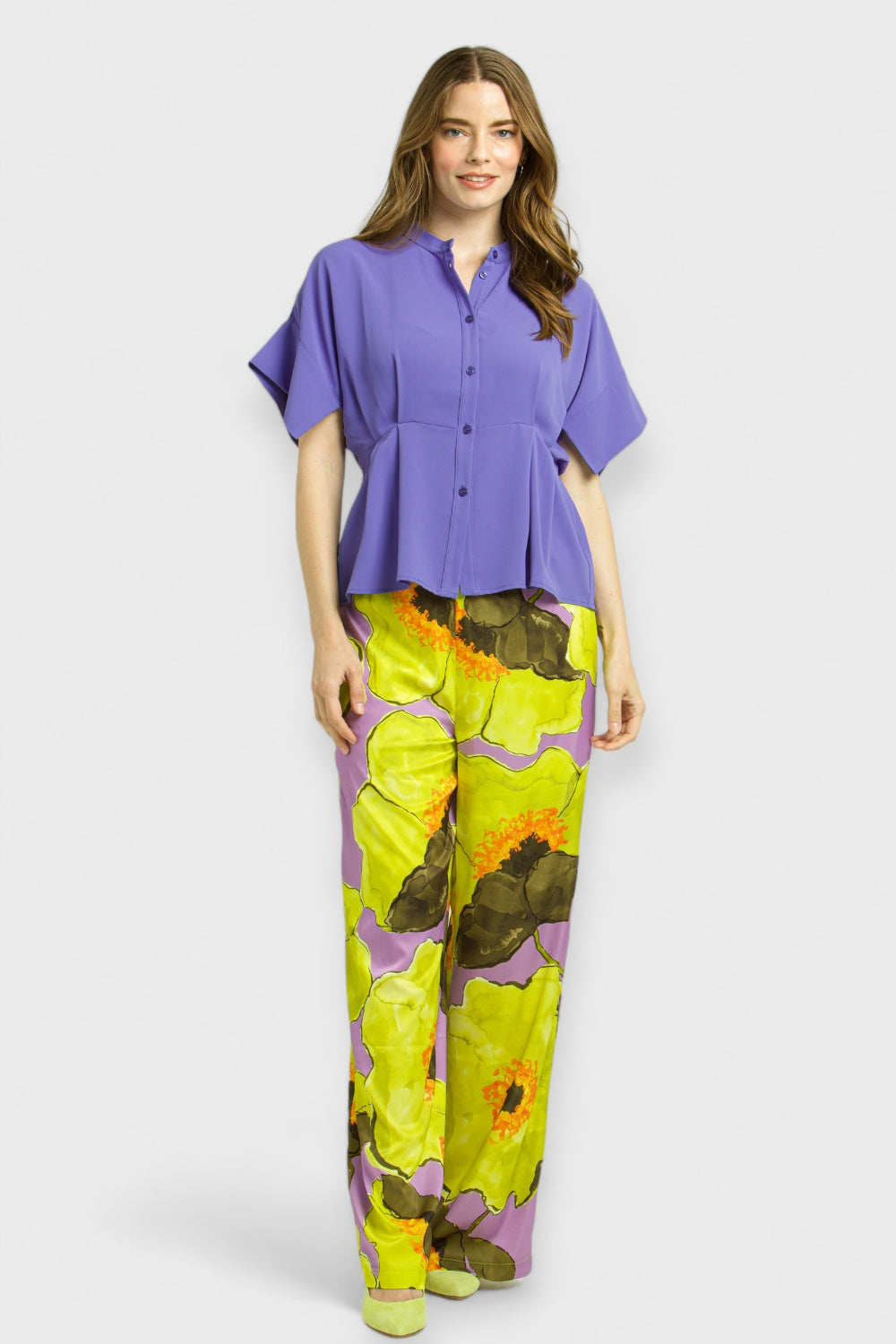 Orchid Floral Print Satin Palazzo Pants Trousers by Enhle Italian Women's Clothing Paired with Lilac Peplum Blouse
