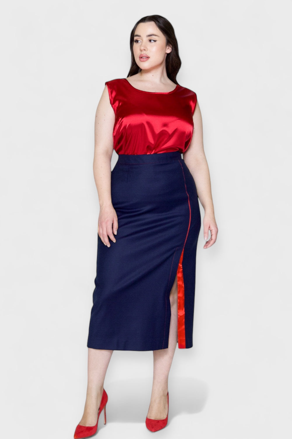 Plus Size Ravenna Red Satin Scoop Neck Tank Blouse Top by Sara Sabella Italian Women's Clothing Paired with Ravenna Suit Skirt