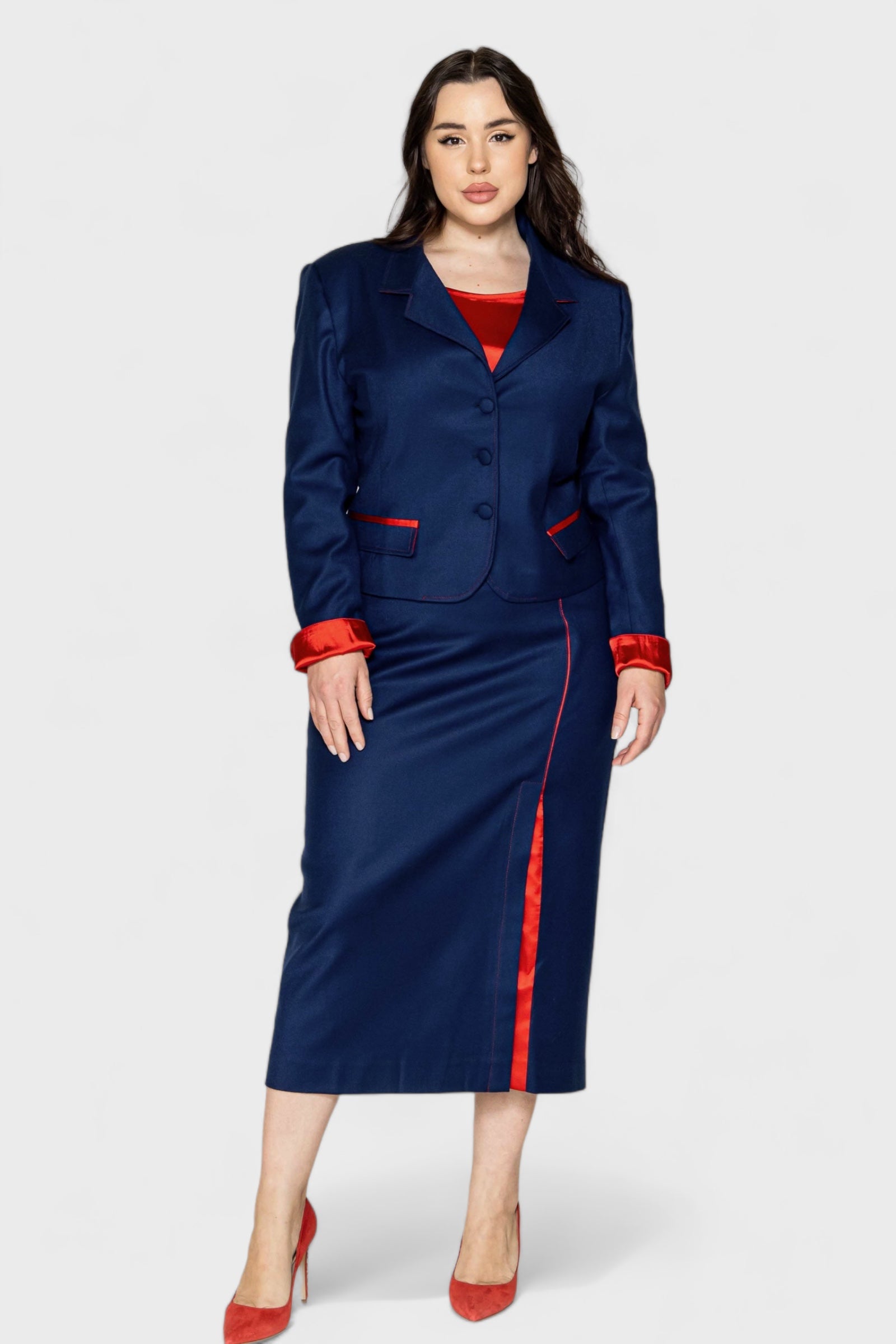 Ravenna Plus Size Blue Jacket & Midi Skirt Suit Set by Sara Sabella Italian Women's Fashion