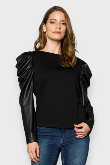 Renata Black Leather Puff Sleeve Blouse To by AnnaCristy Milano Italian Women's Clothing