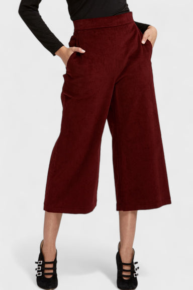 Burgundy Corduroy Cropped High Rise Wide-Leg Pants  by Marise.Eco.Couture Italian Women's Fashion
