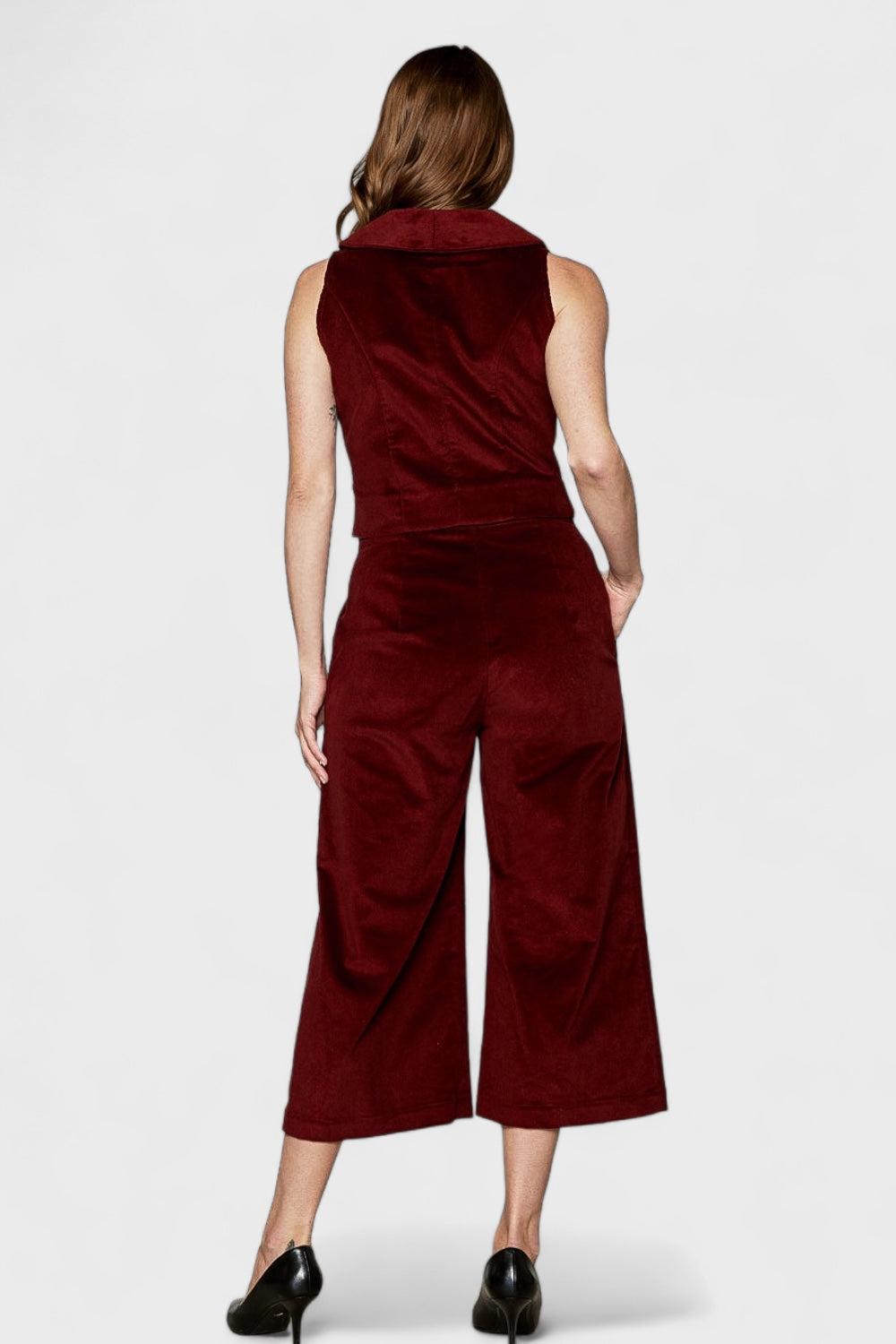 Sistine Burgundy Corduroy Vest & Cropped Pants Two-Piece Suit Set by Marise.Eco.Couture Italian Women's Fashion