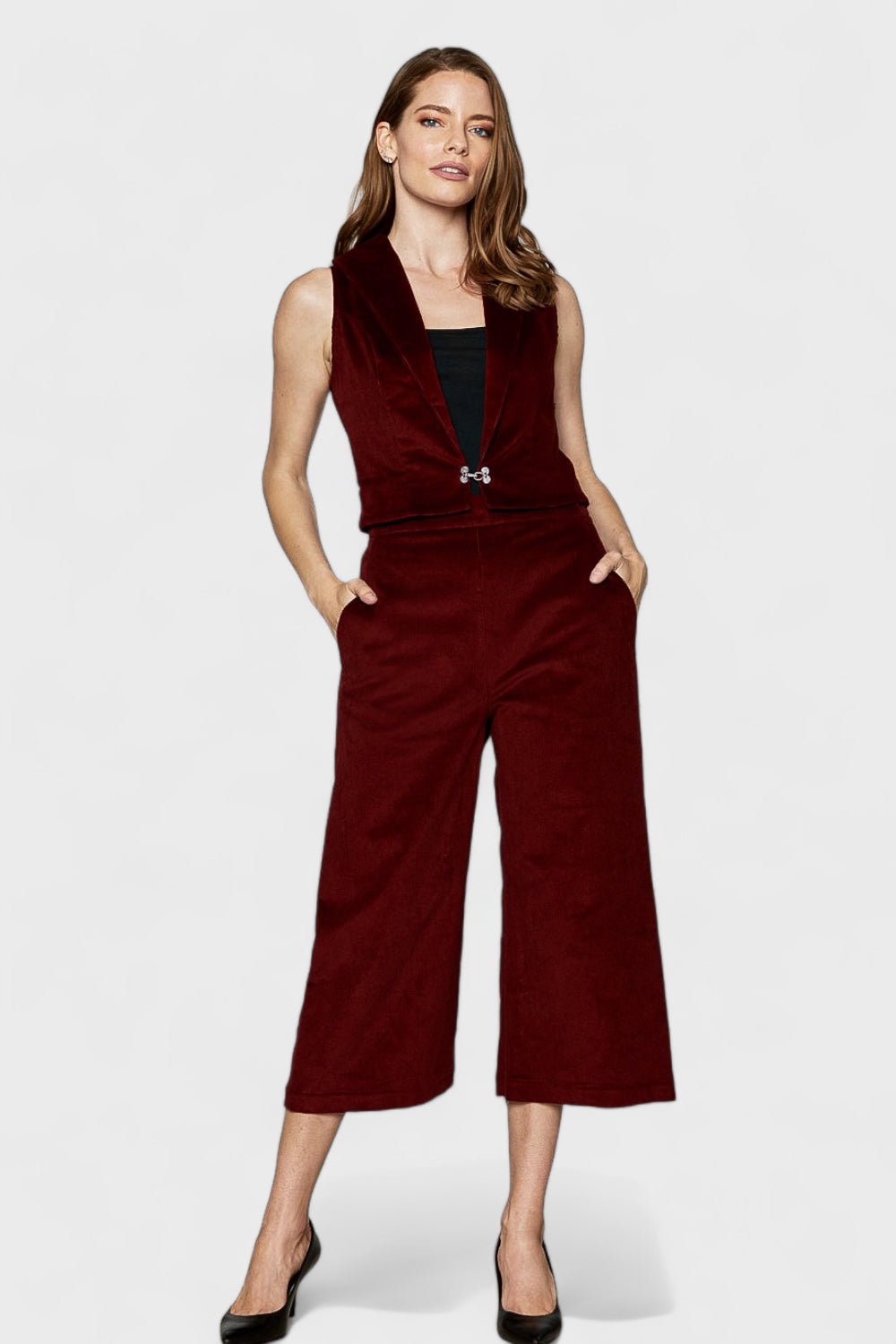 Burgundy Micro Cord Cotton Vest-Cropped Pants Set Italian
