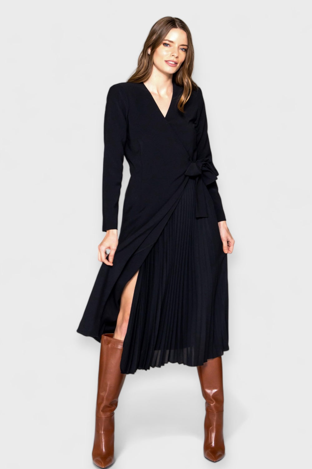 Sofia Black Pleated Long Sleeve Wrap Dress by Cristina Gavioli Italian Women's Fashion Paired with Brandy Caramel Boots
