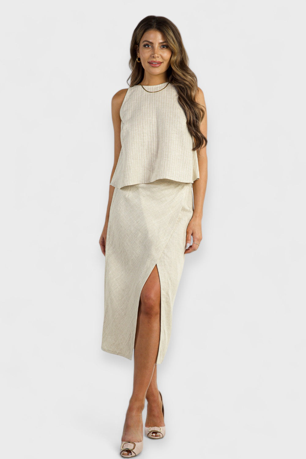 Beige Italian Linen Halter Top and Wrap Skirt Set | Italian Clothing 40/ US 4 / Beige Beige Italian Linen Halter Top and Wrap Skirt Set | Italian Clothing 40/ US 4 / Beige