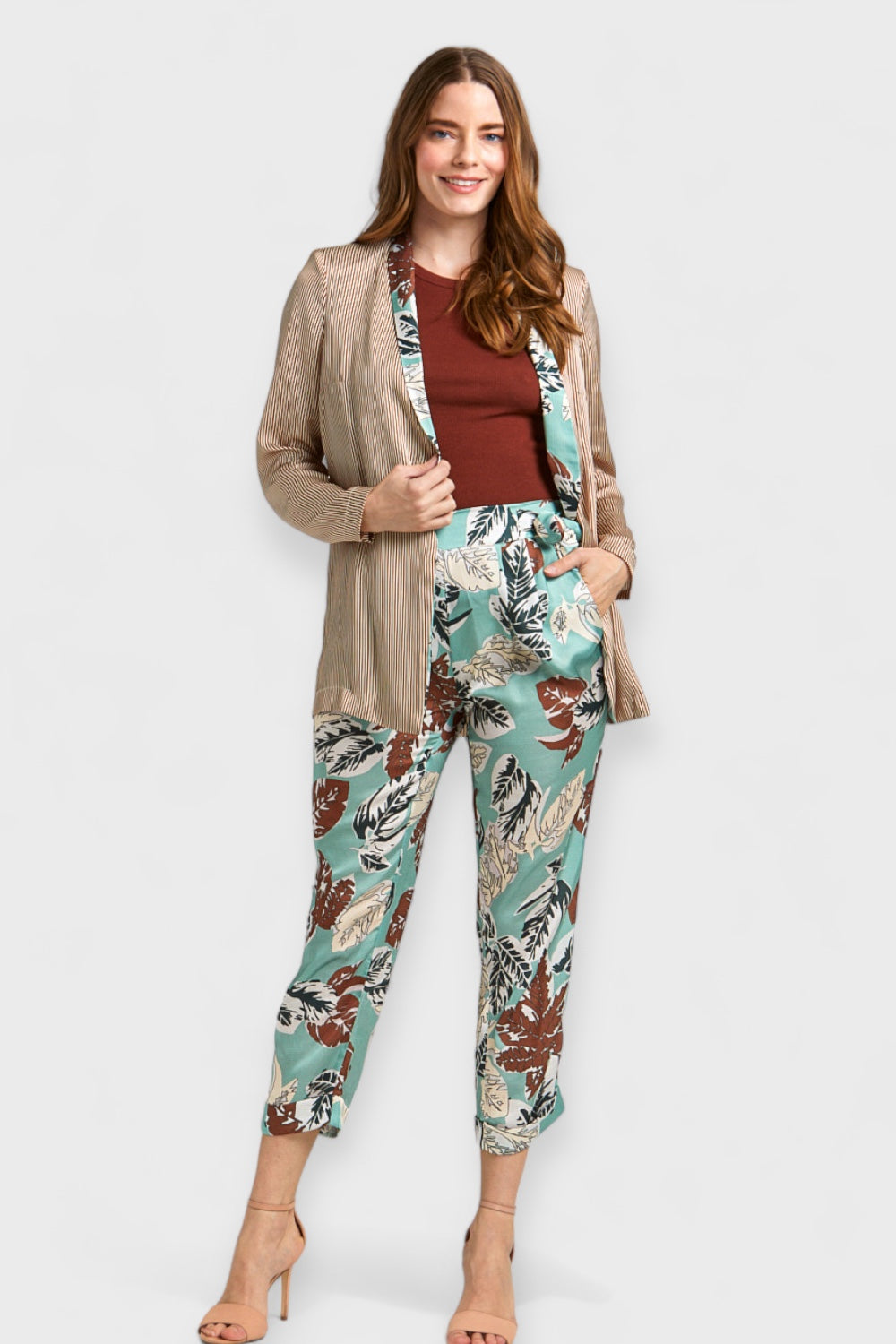 Vera Relaxed Floral Print Collar Striped Blazer by AnnaCristy Milano Italian Women's Clothing Paired with Anna Floral Satin Pants