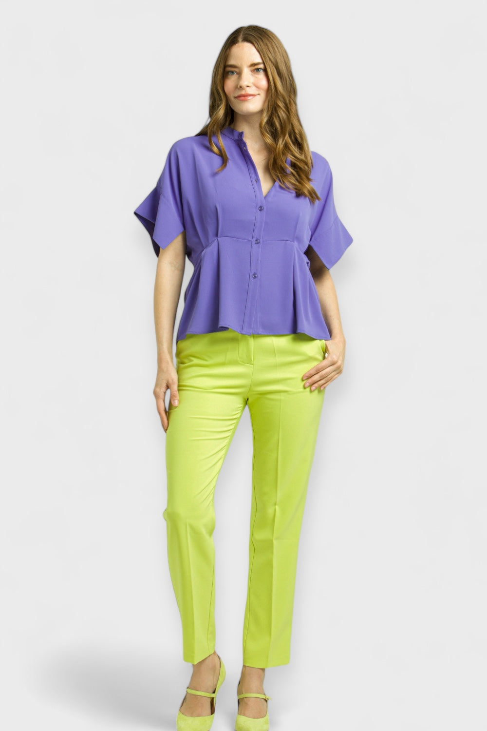Victoria Lime Green Slim Trouser Pants by Enhle Italian Women's Clothing Paired with Lilac Peplum blouse