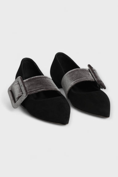 Victorian Black Suede Velvet Buckle Flat by Marco Cinosi Italian Women's Shoes