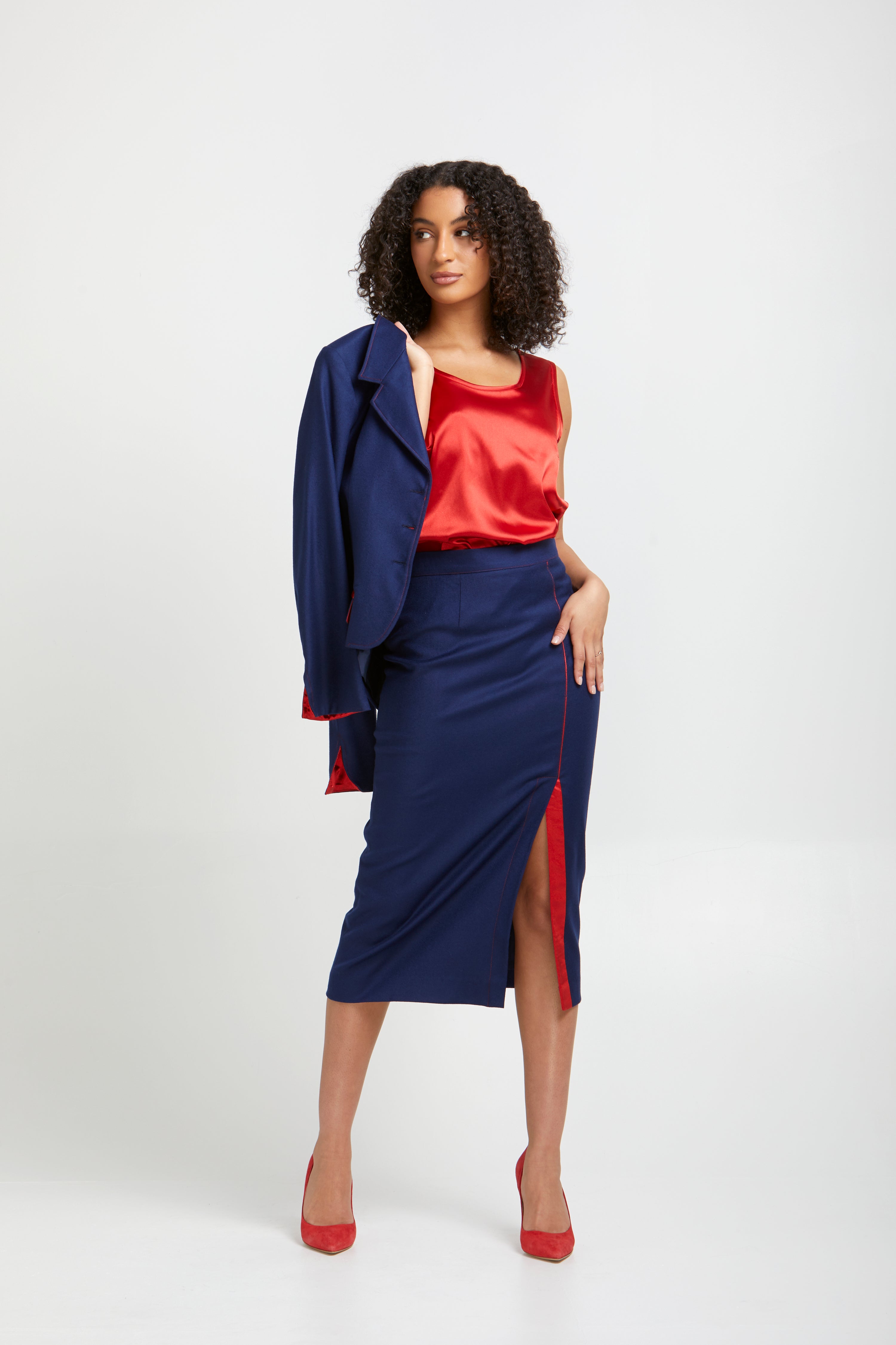 Sara Sabella 2-Piece Set Navy Blue Jacket & Midi Skirt Suit Set- Made in Italy Women's Clothing