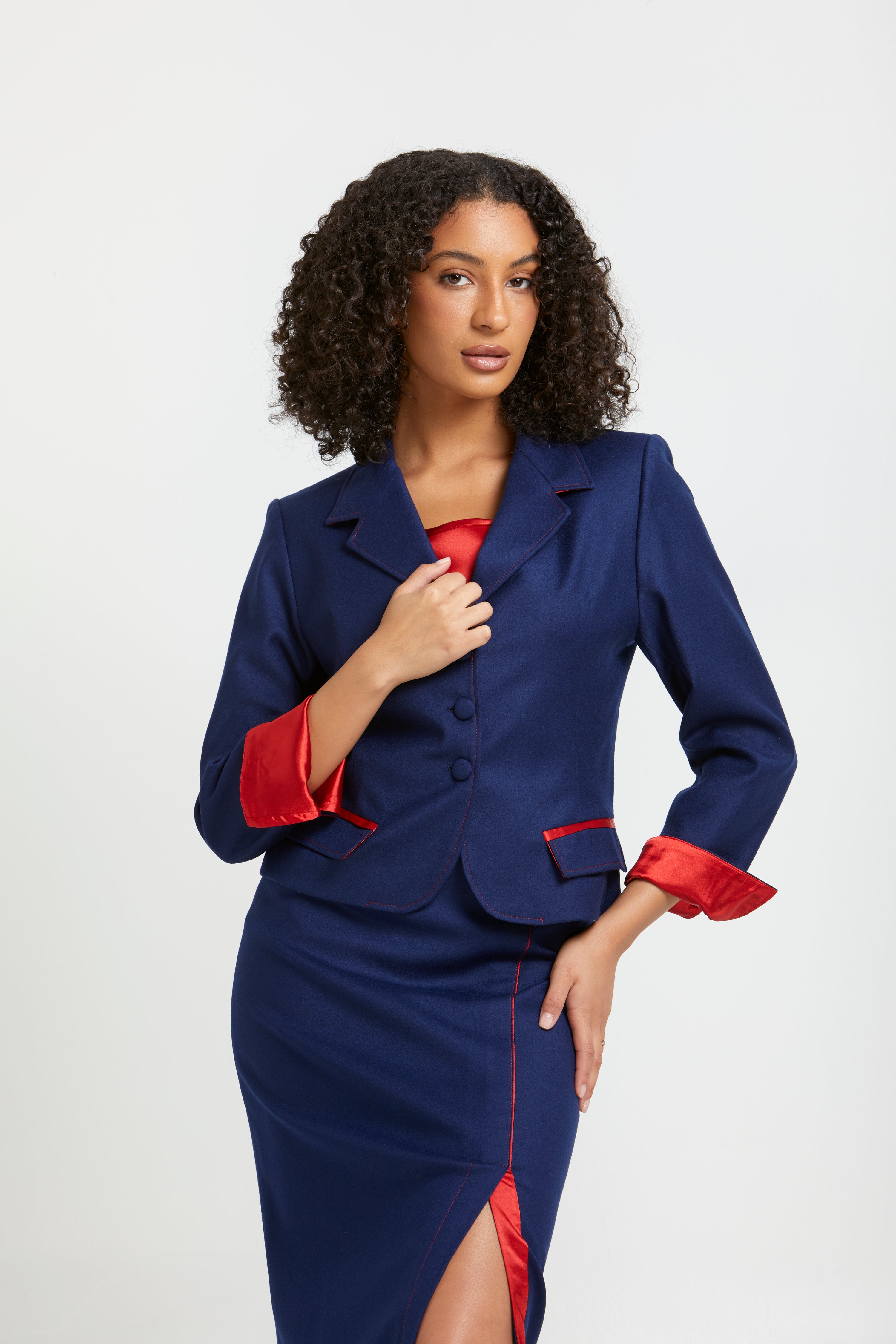 Sara Sabella 2-Piece Set Navy Blue Jacket & Midi Skirt Suit Set Closeup- Made in Italy Women's Suit clothing